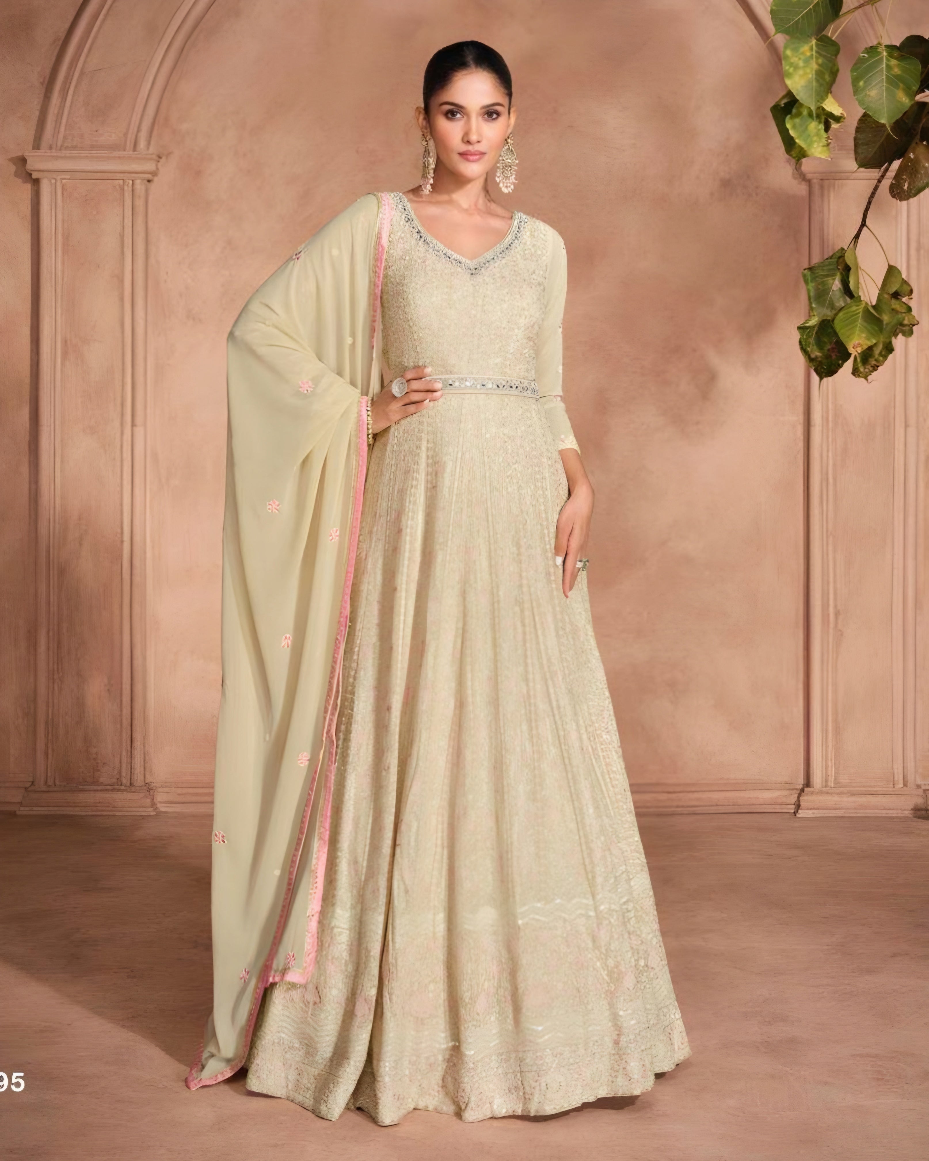 Beige Embroidered Georgette Anarkali Suits