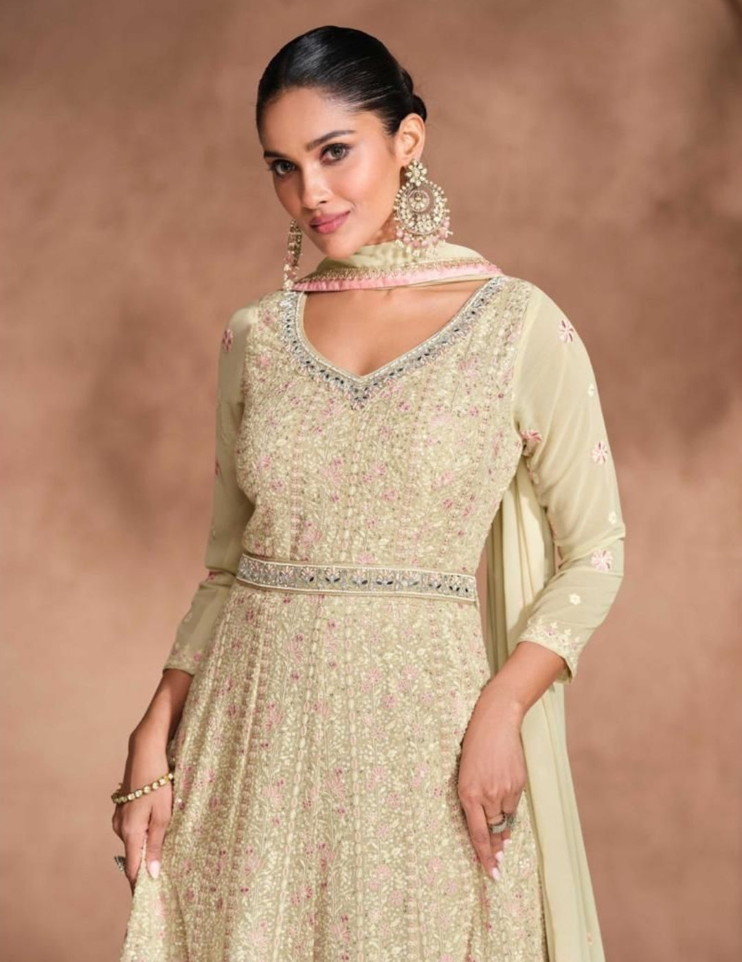 Beige Embroidered Georgette Anarkali Suits