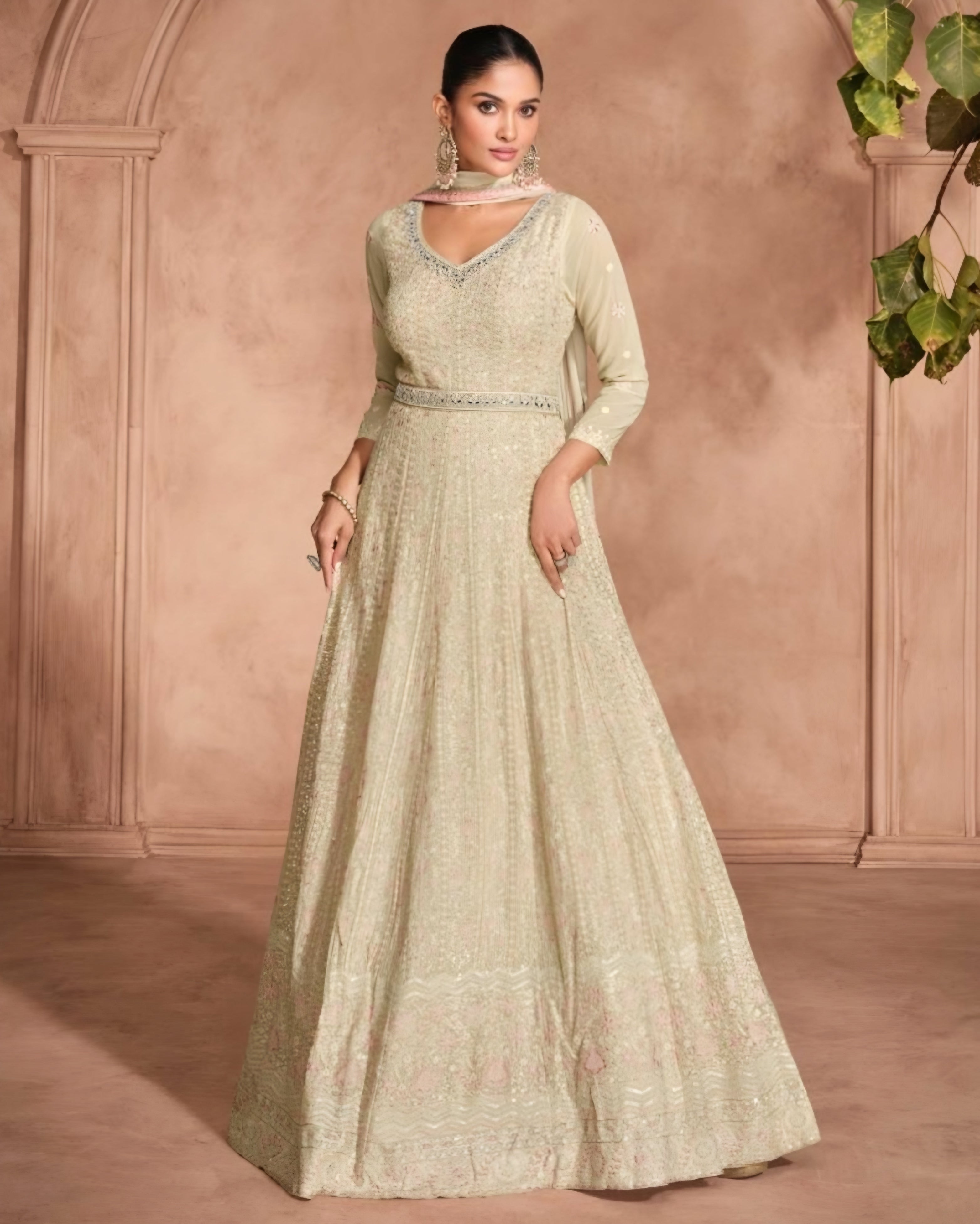 Beige Embroidered Georgette Anarkali Suits