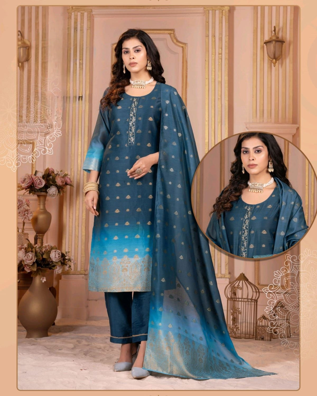 Blue Ombré Chanderi Jacquard Salwar Suit