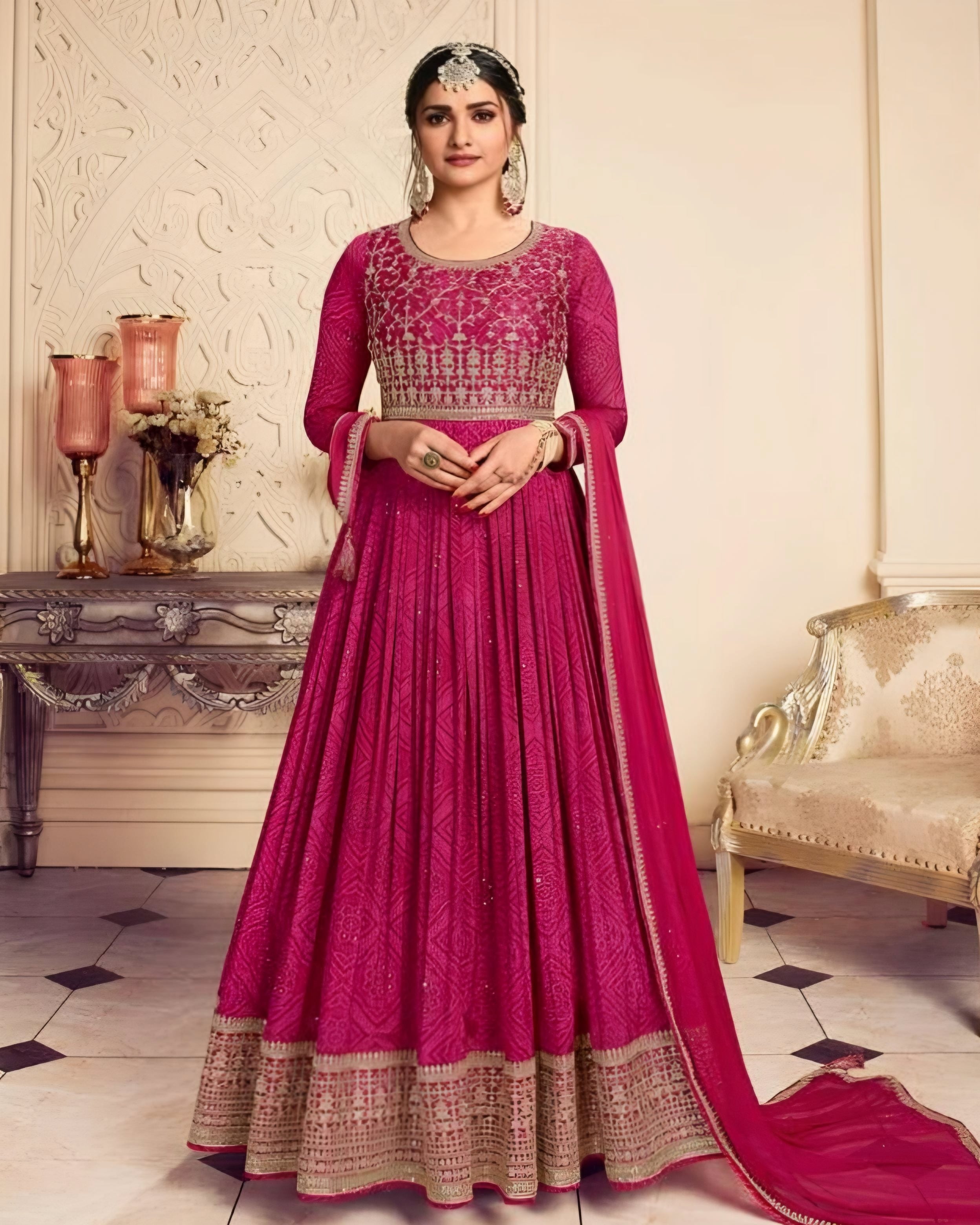 Chiffon silk Anarkali Pink