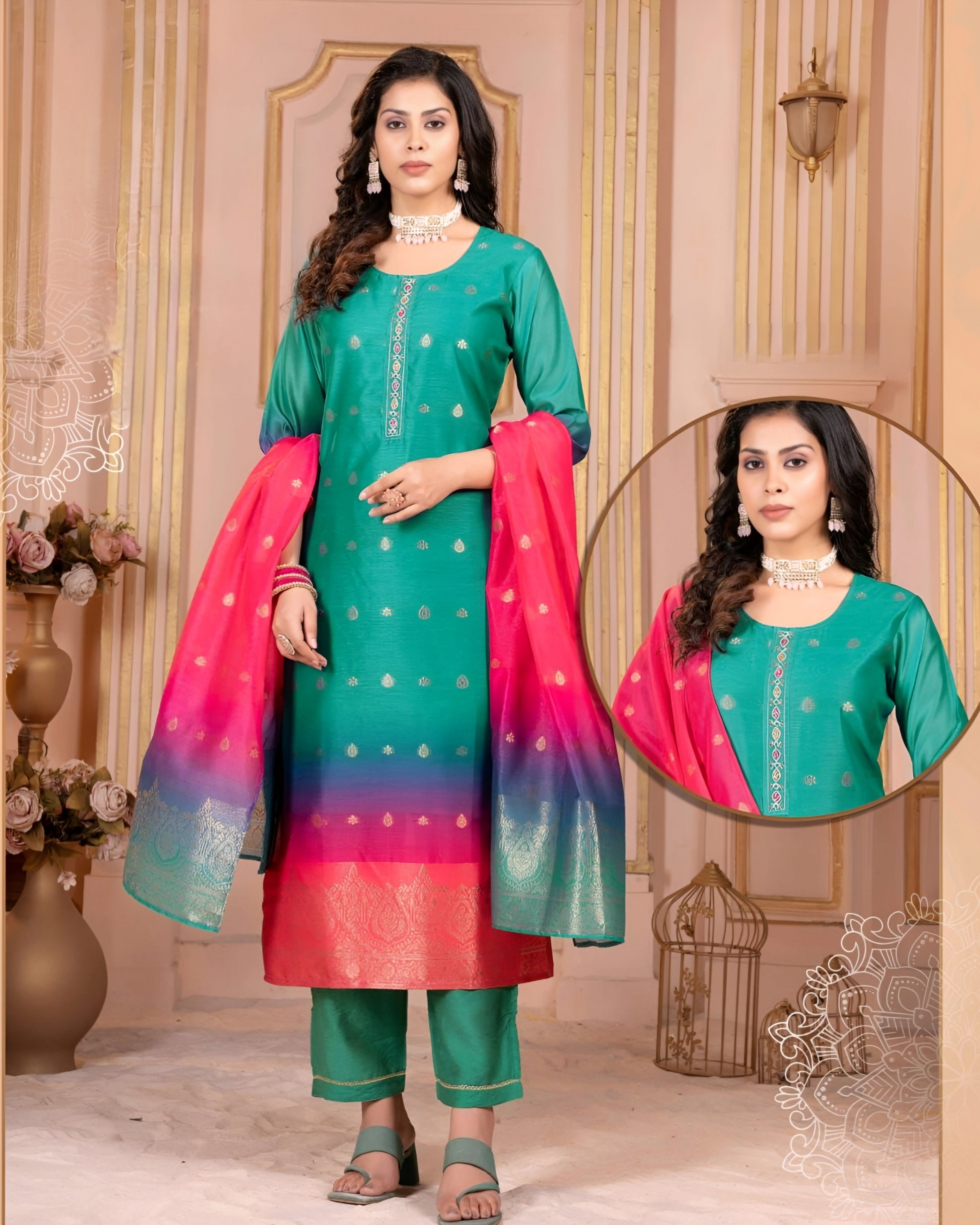 Green & Pink Ombré Chanderi Jacquard Salwar Suit