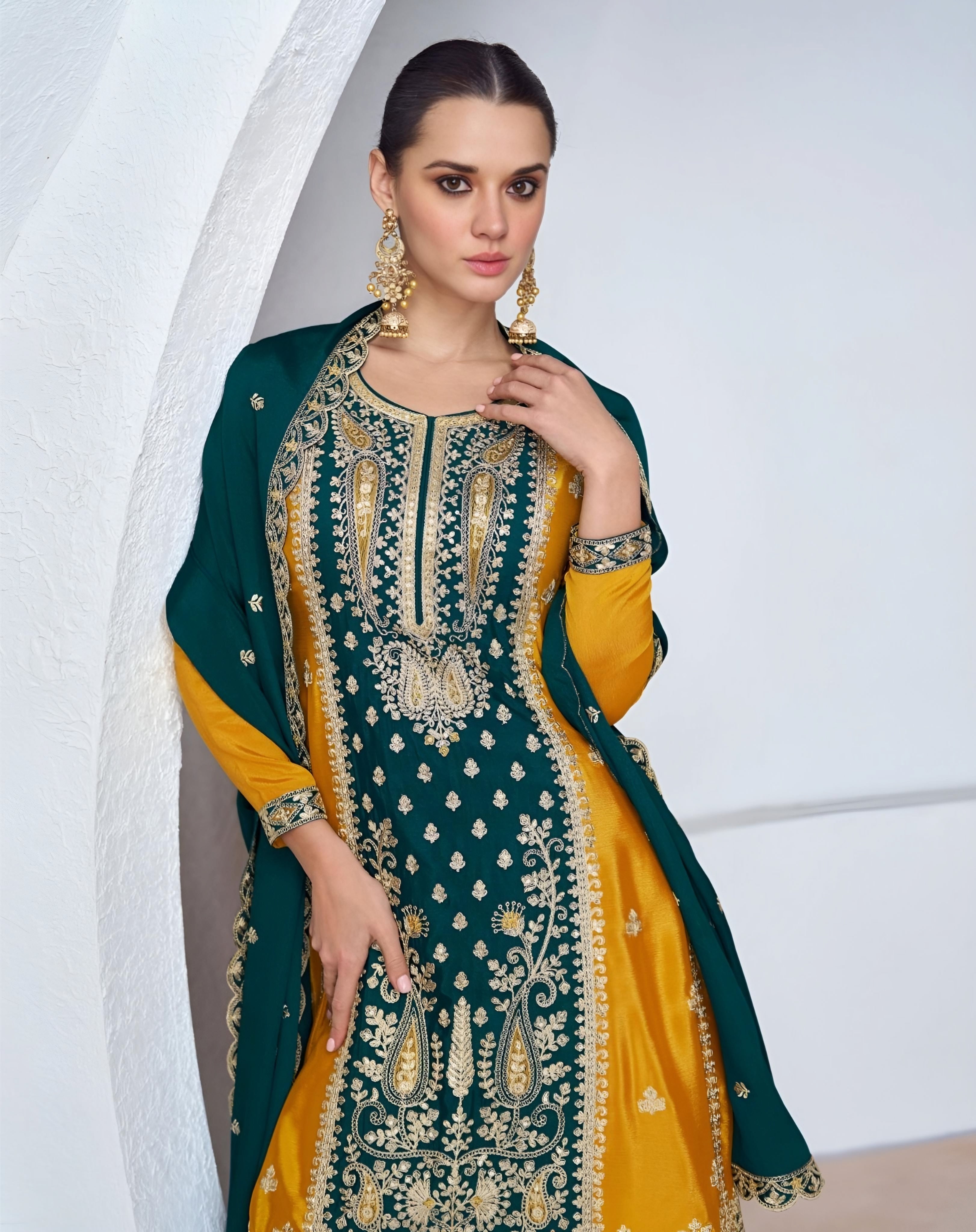 Green and Yellow Embroidered Palazzo 2