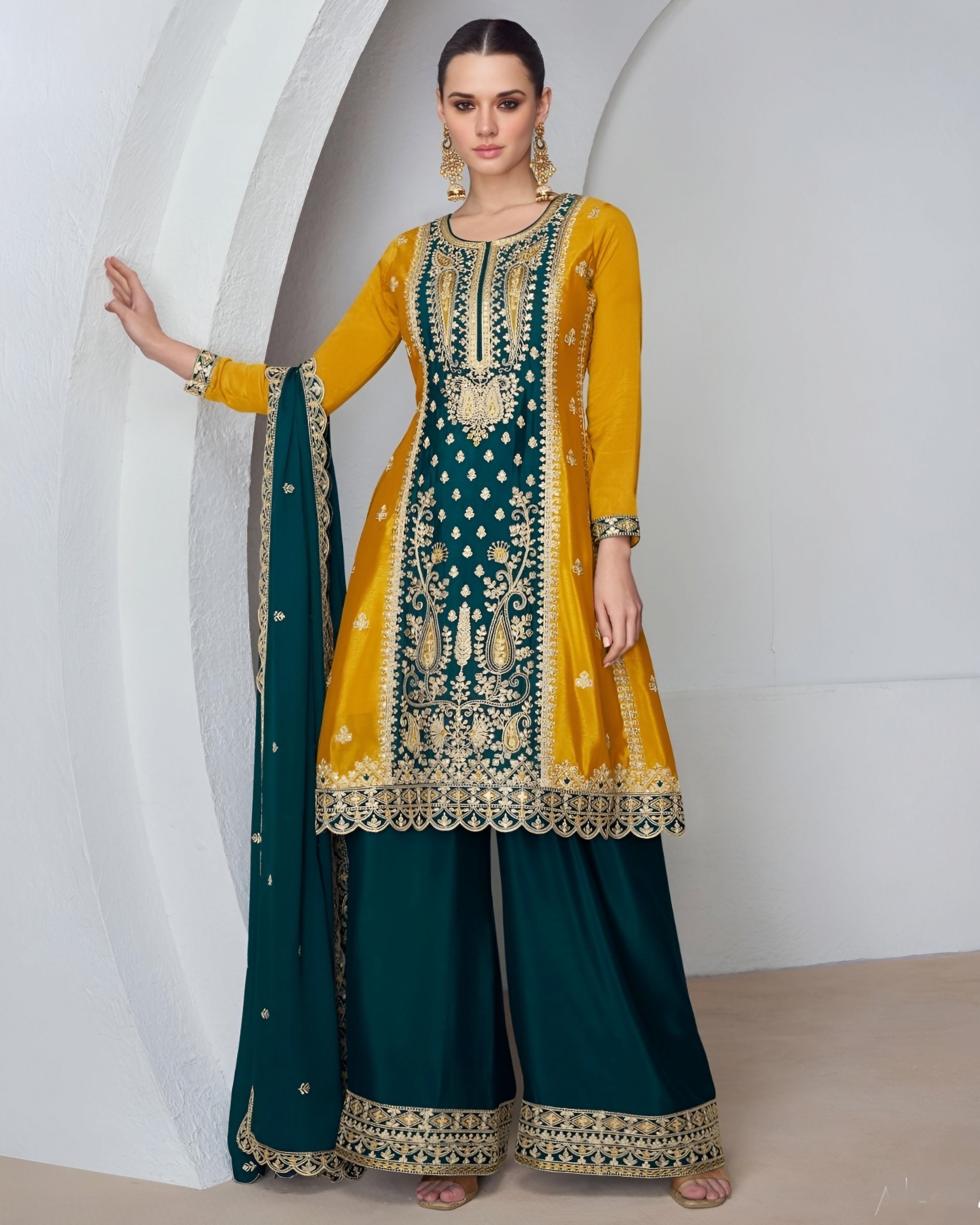 Green and Yellow Embroidered Palazzo suits