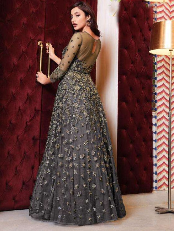 Heavy Embroidered Net Salwar Kameez Gray - Sakhi Fashions