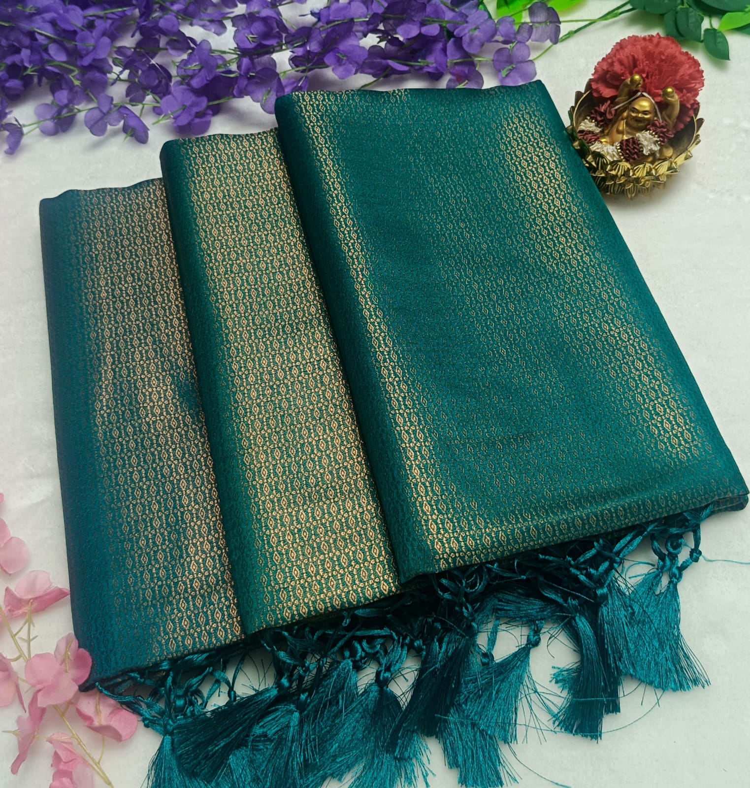 Soft Silk fabric Copper Zari Green