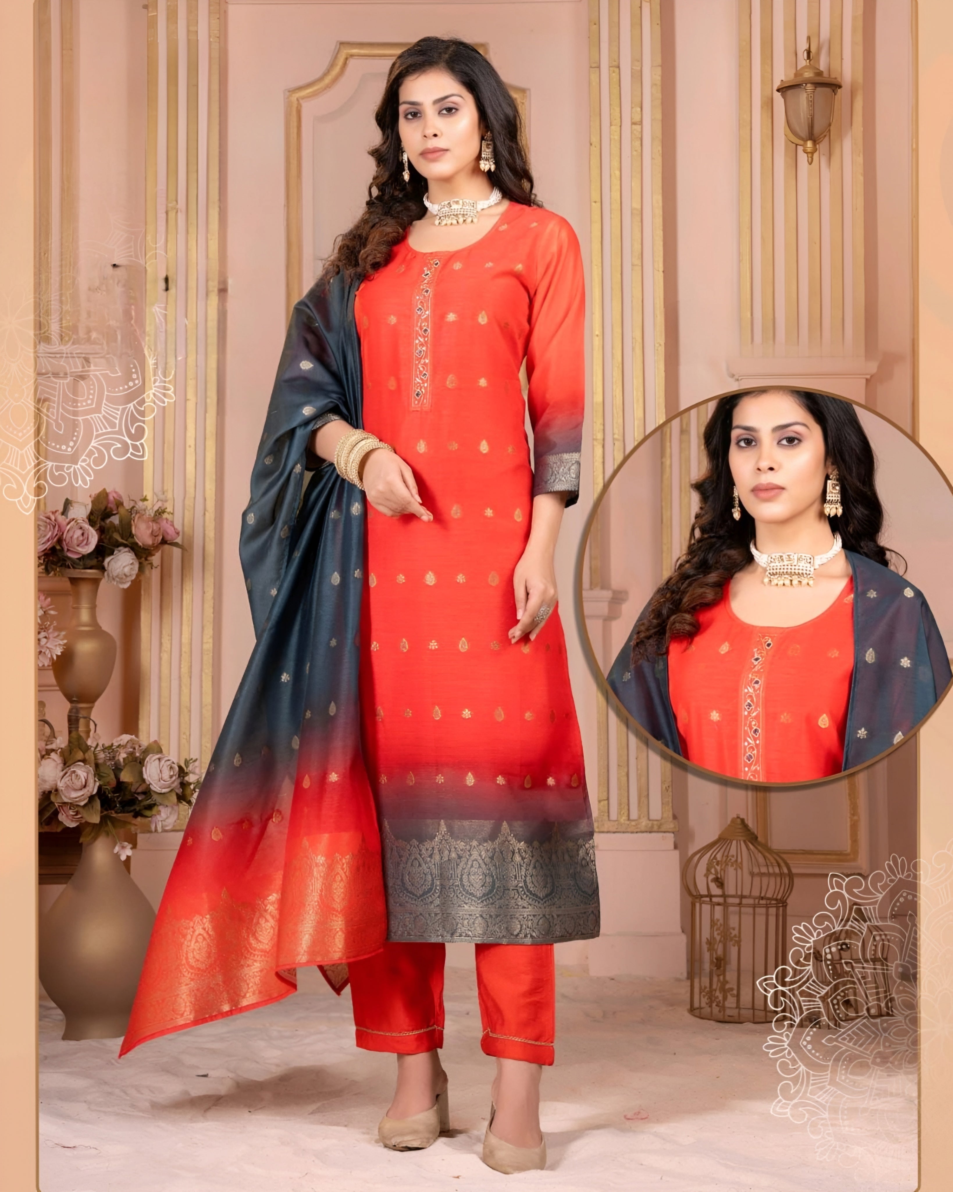 Orange Ombré Chanderi Jacquard Salwar Suit