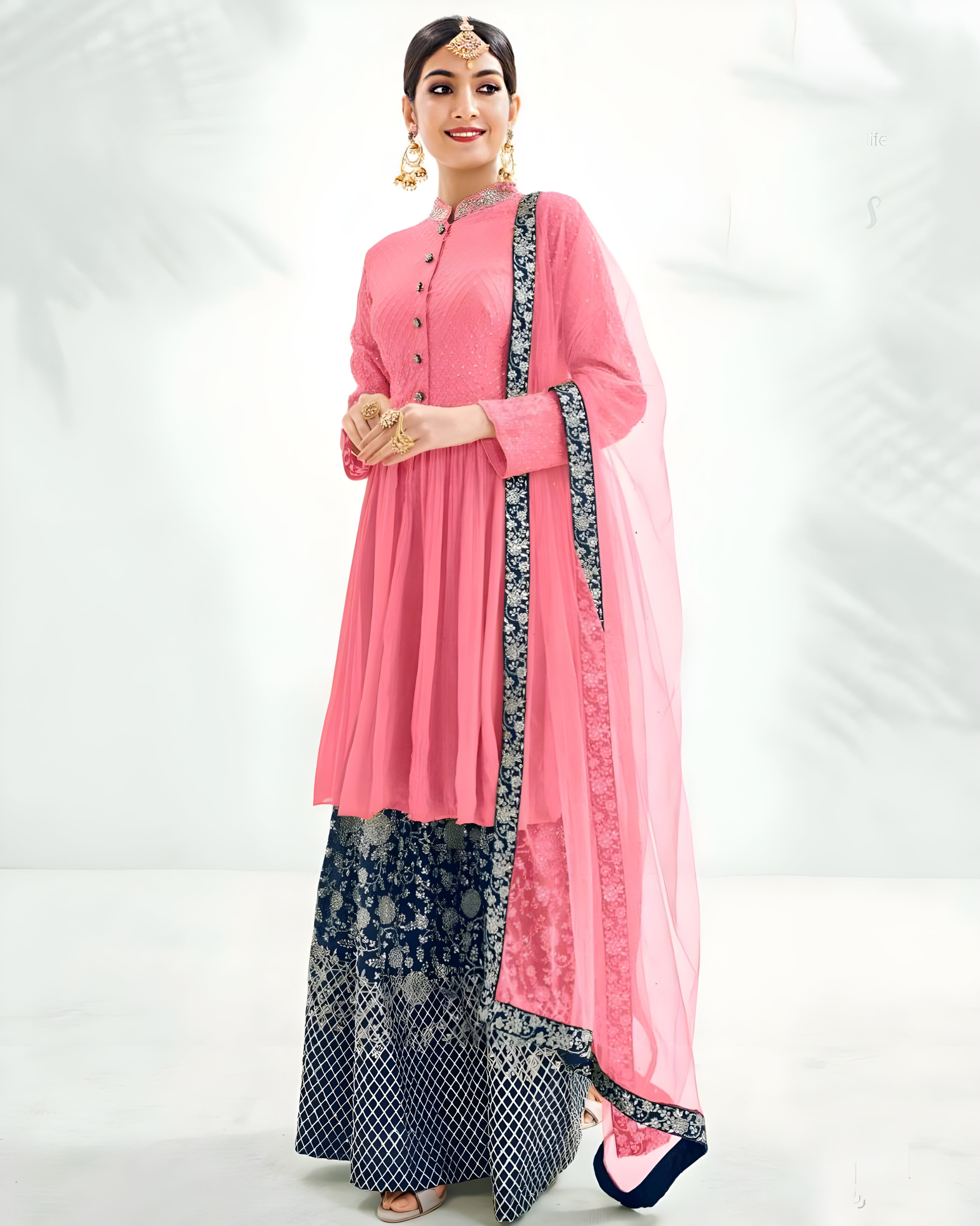 Embroidered Chinon Silk Salwar Suits Pink