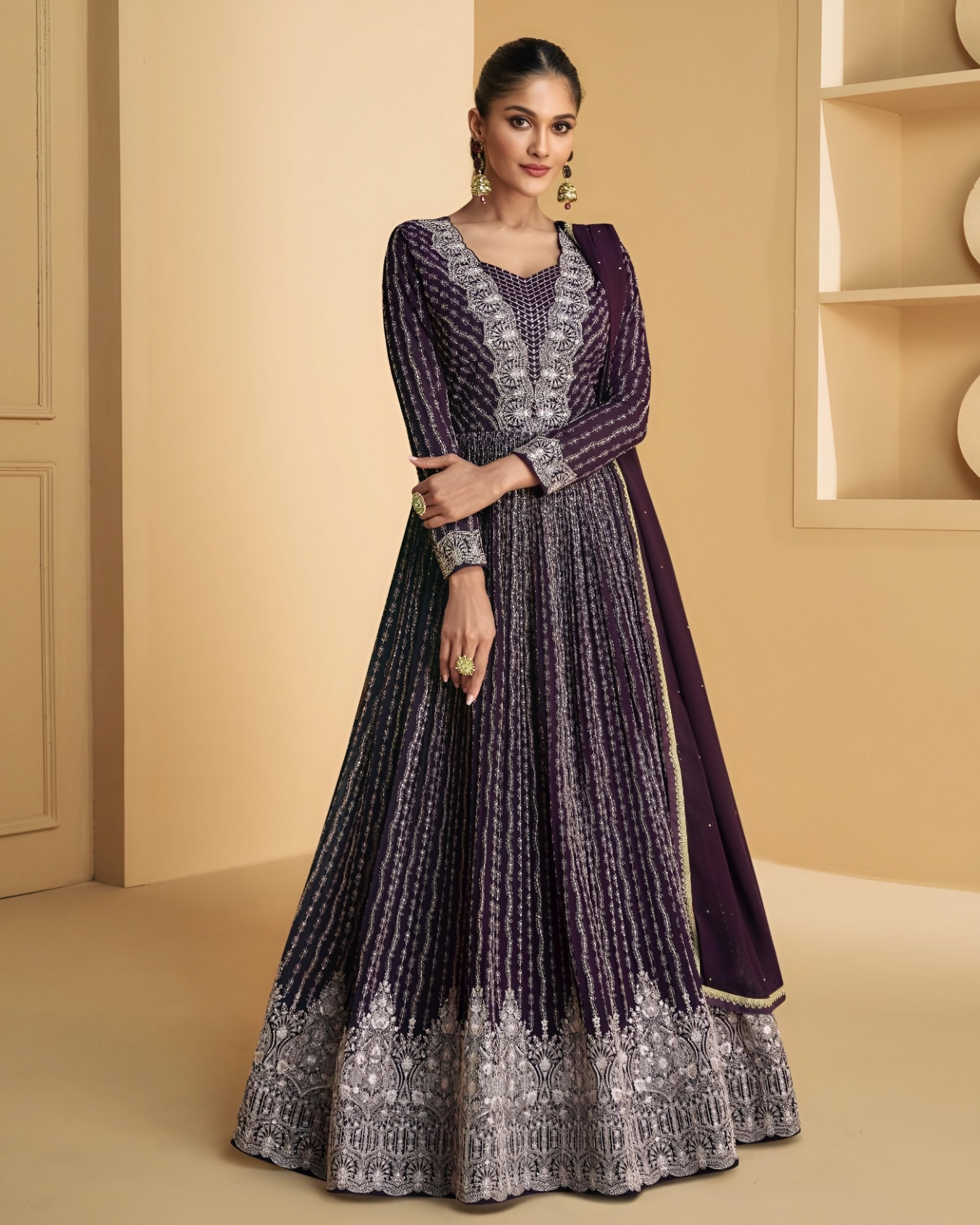 Embroidered Real Georgette Anarkali Gown Purple