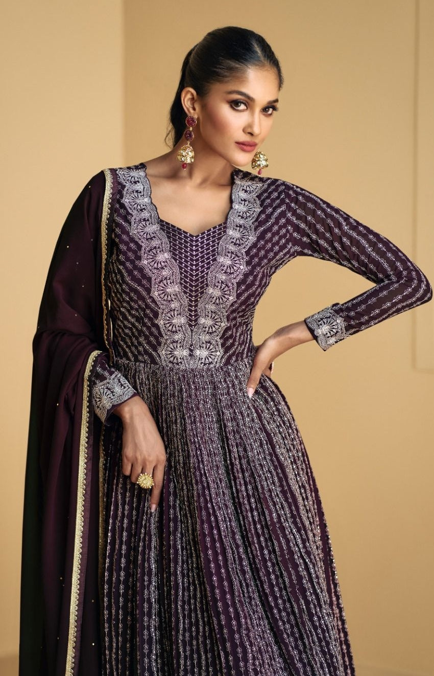 Embroidered Real Georgette Anarkali Gown Purple