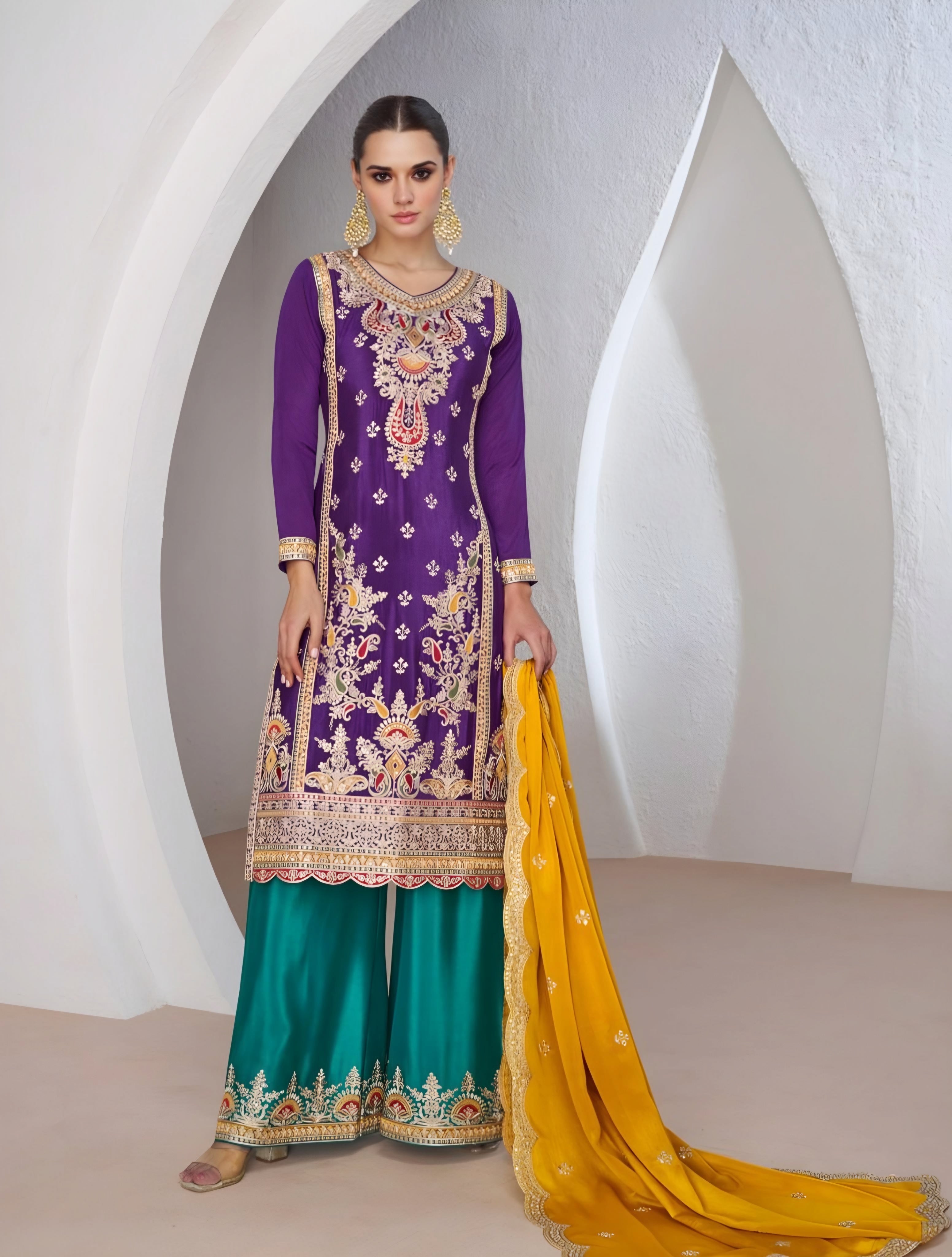Embroidered Chinon Silk Palazzo Suits Violet
