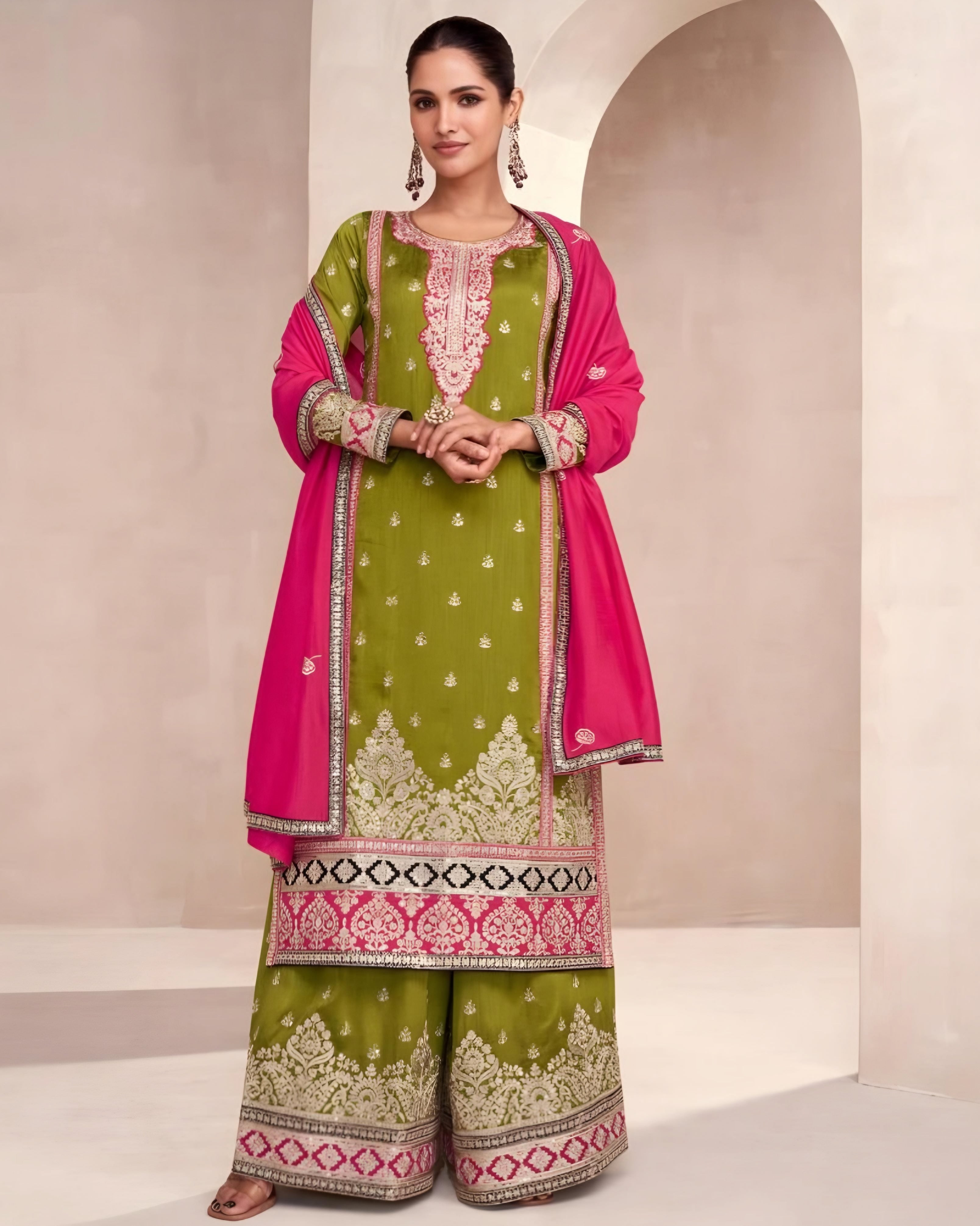 Premium Silk Embroidered Palazzo Suits Olive Green