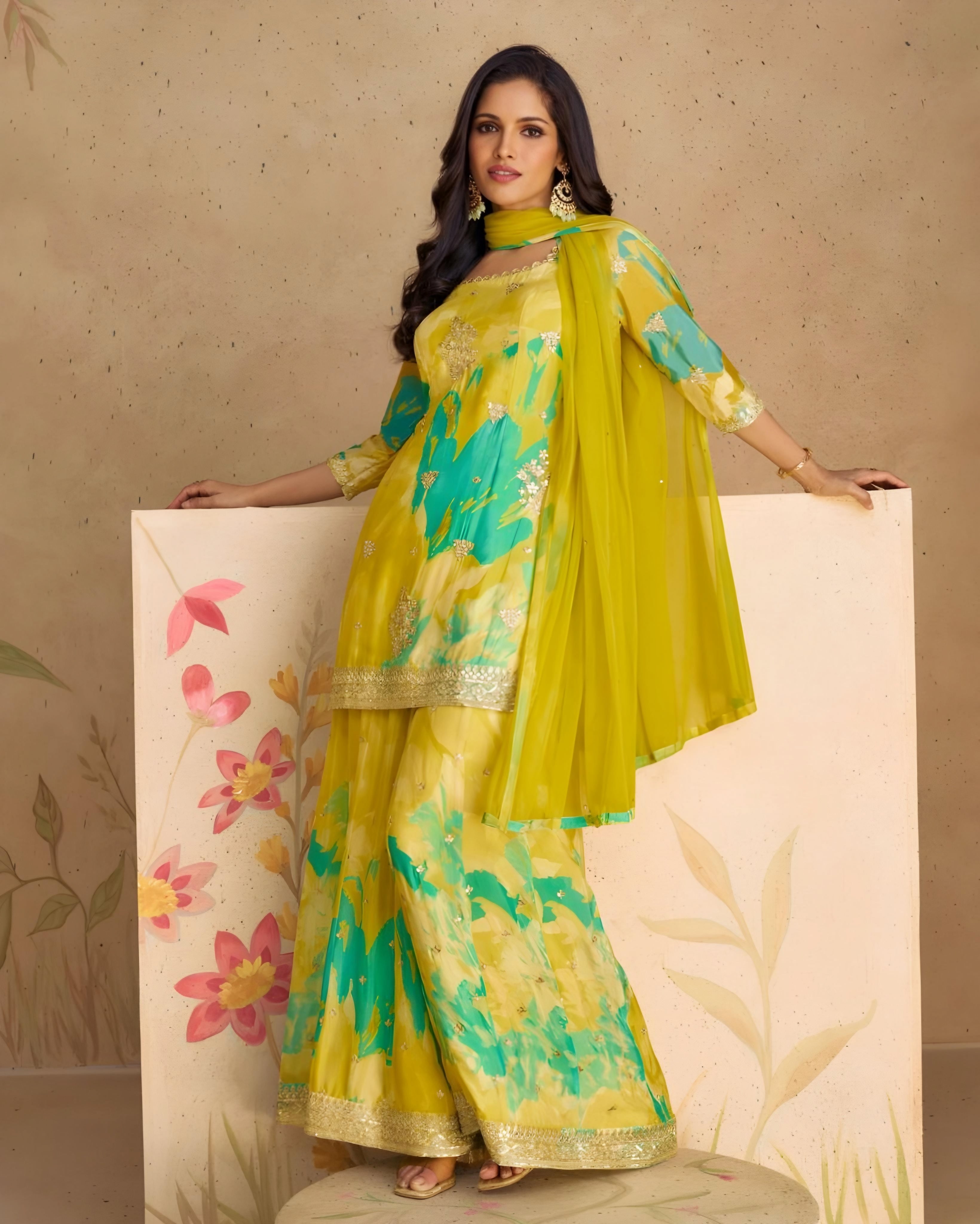 Chinon Silk Printed Floral Salwar  Suit Yellow