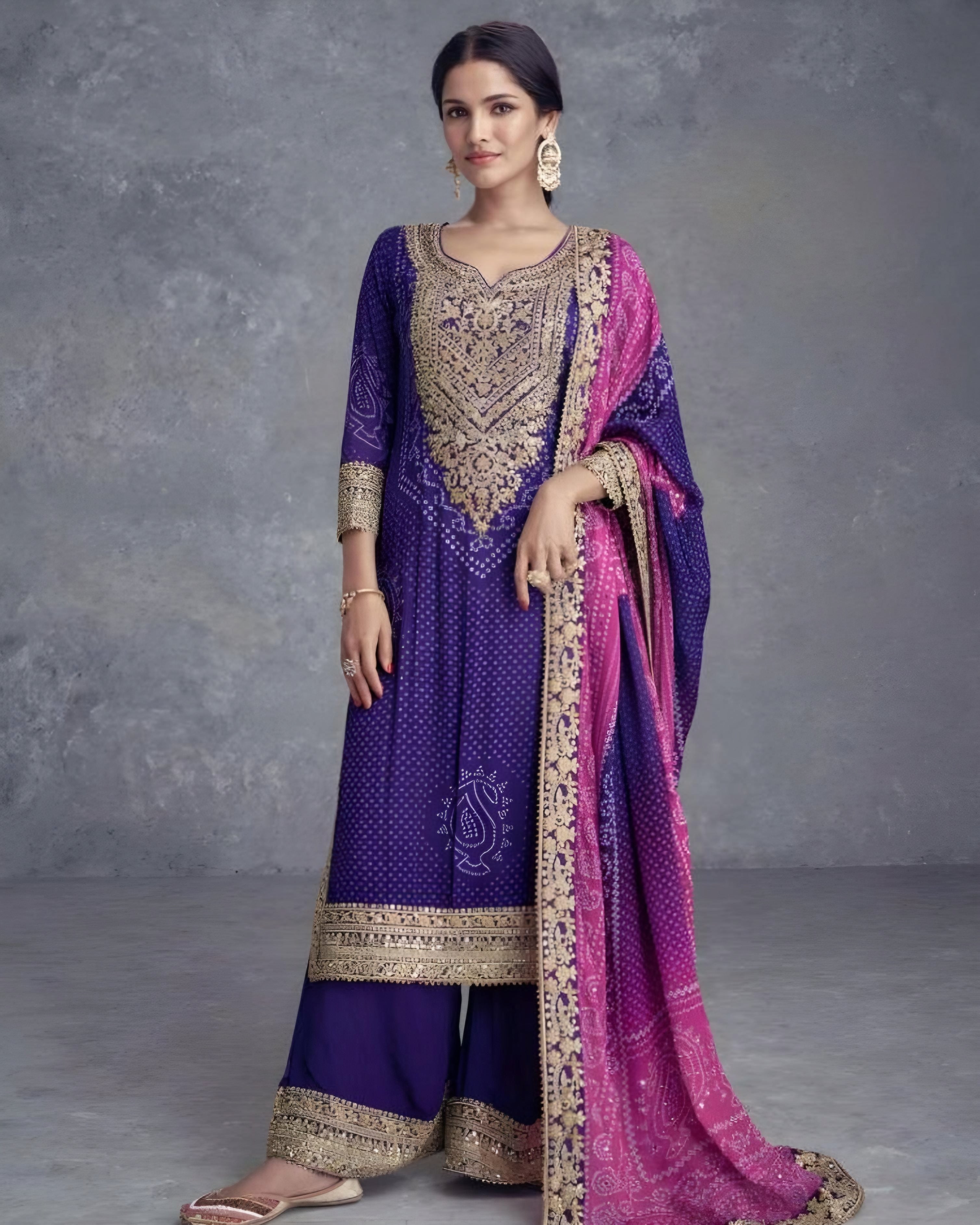 Chinon Silk Bandhani Printed Palazzo Suits Purple