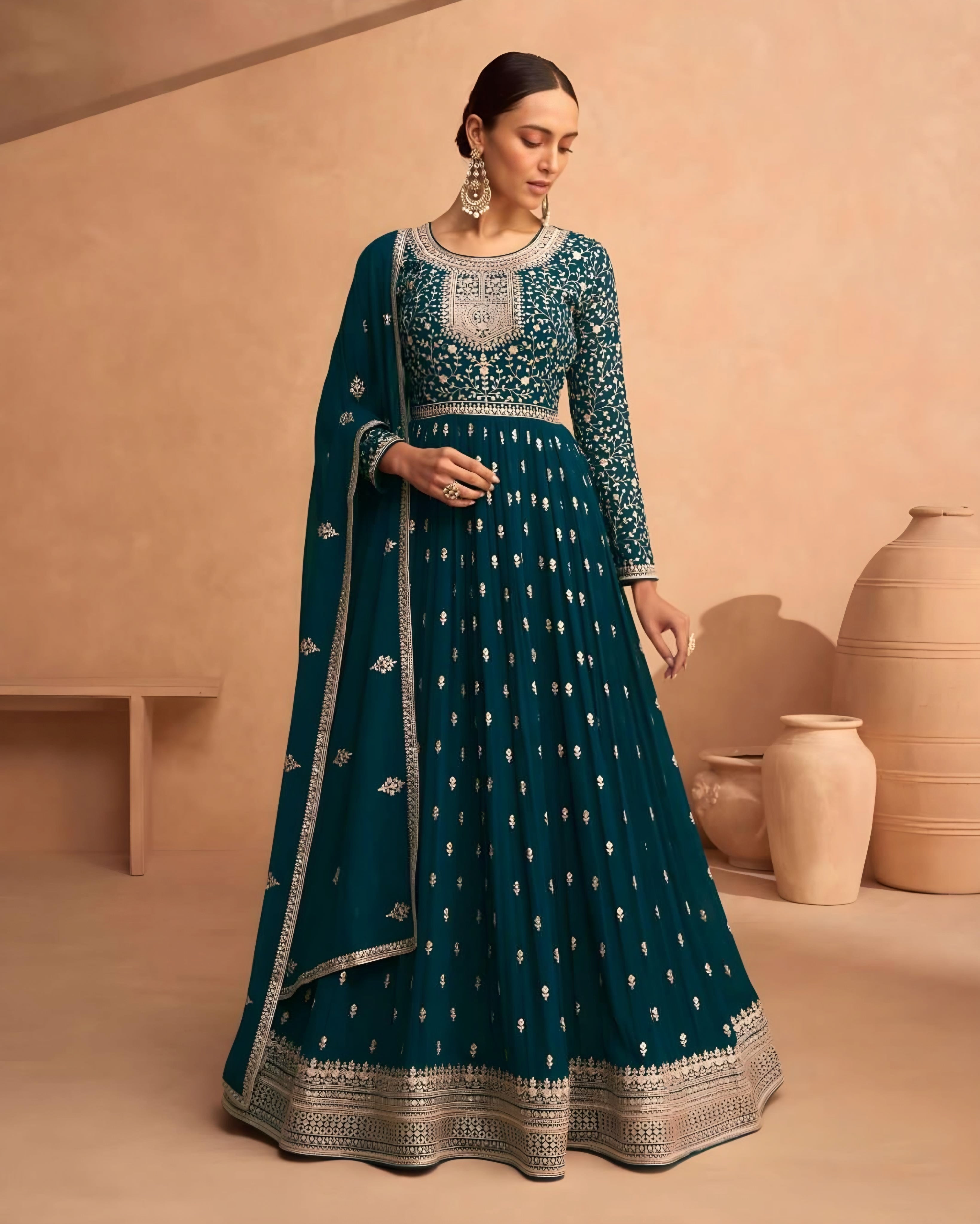 Embroidered Real Georgette Anarkali Gown Teal Green