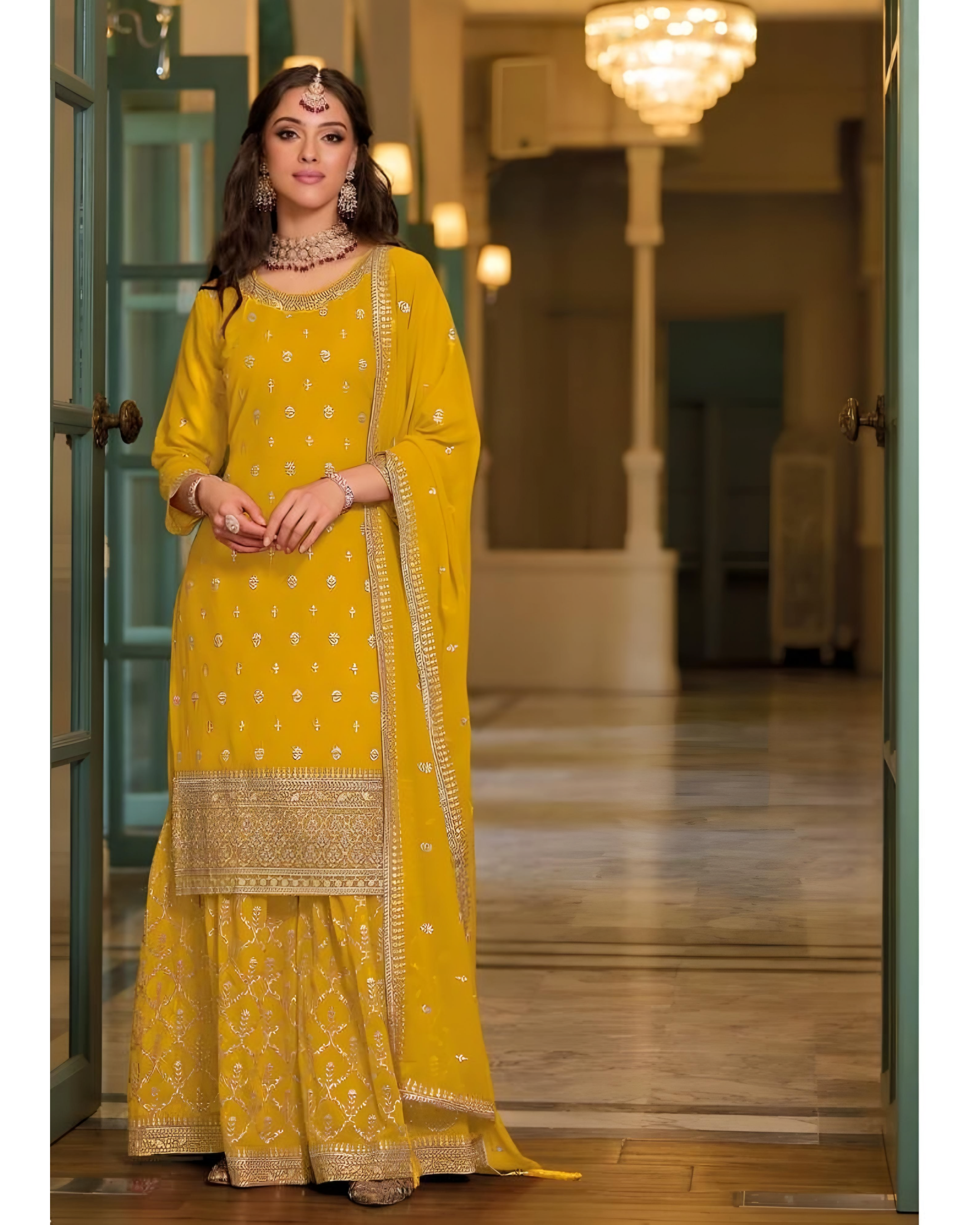 Embroidered Georgette Sharara Suits Yellow