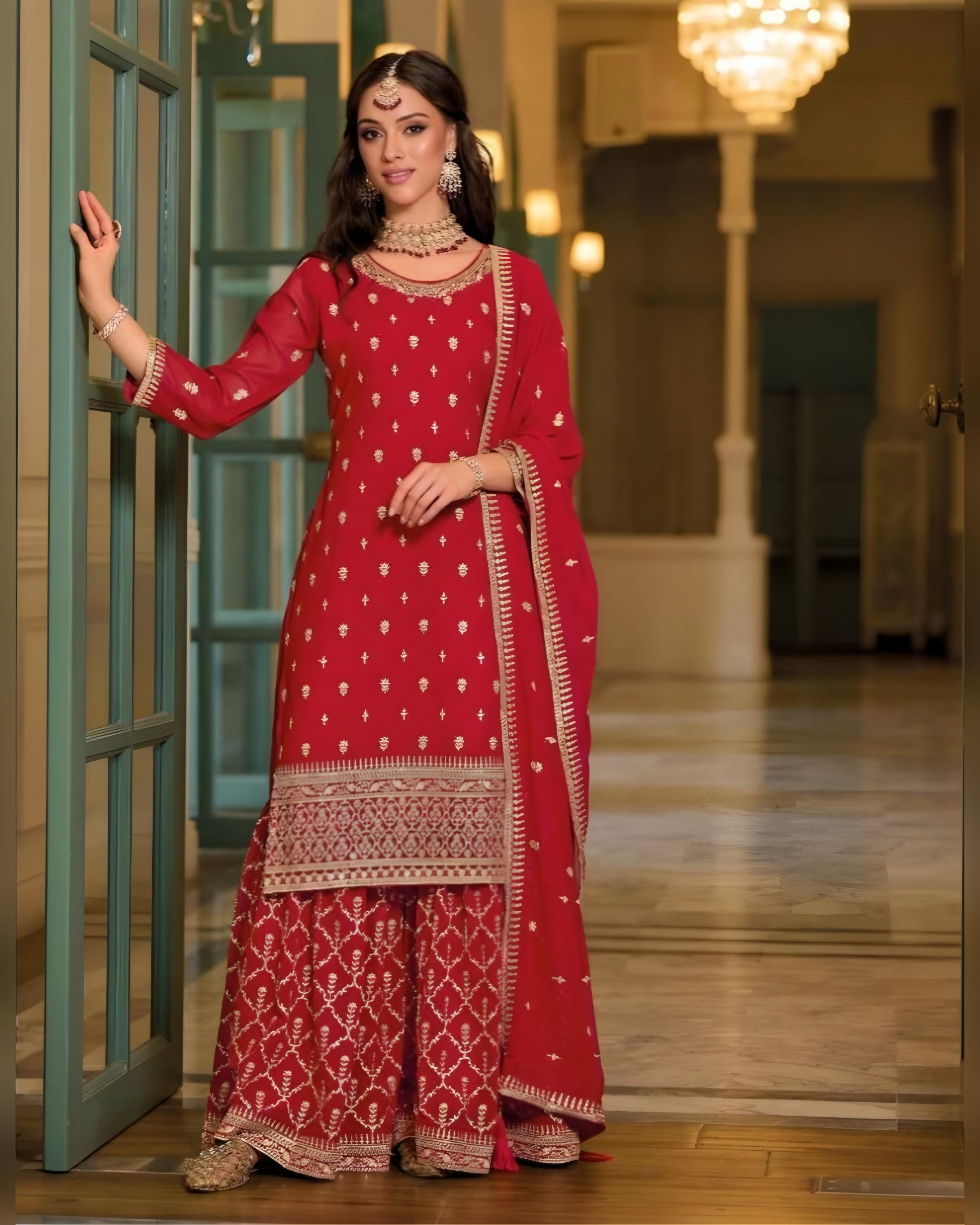 Embroidered Georgette Sharara Suits Red