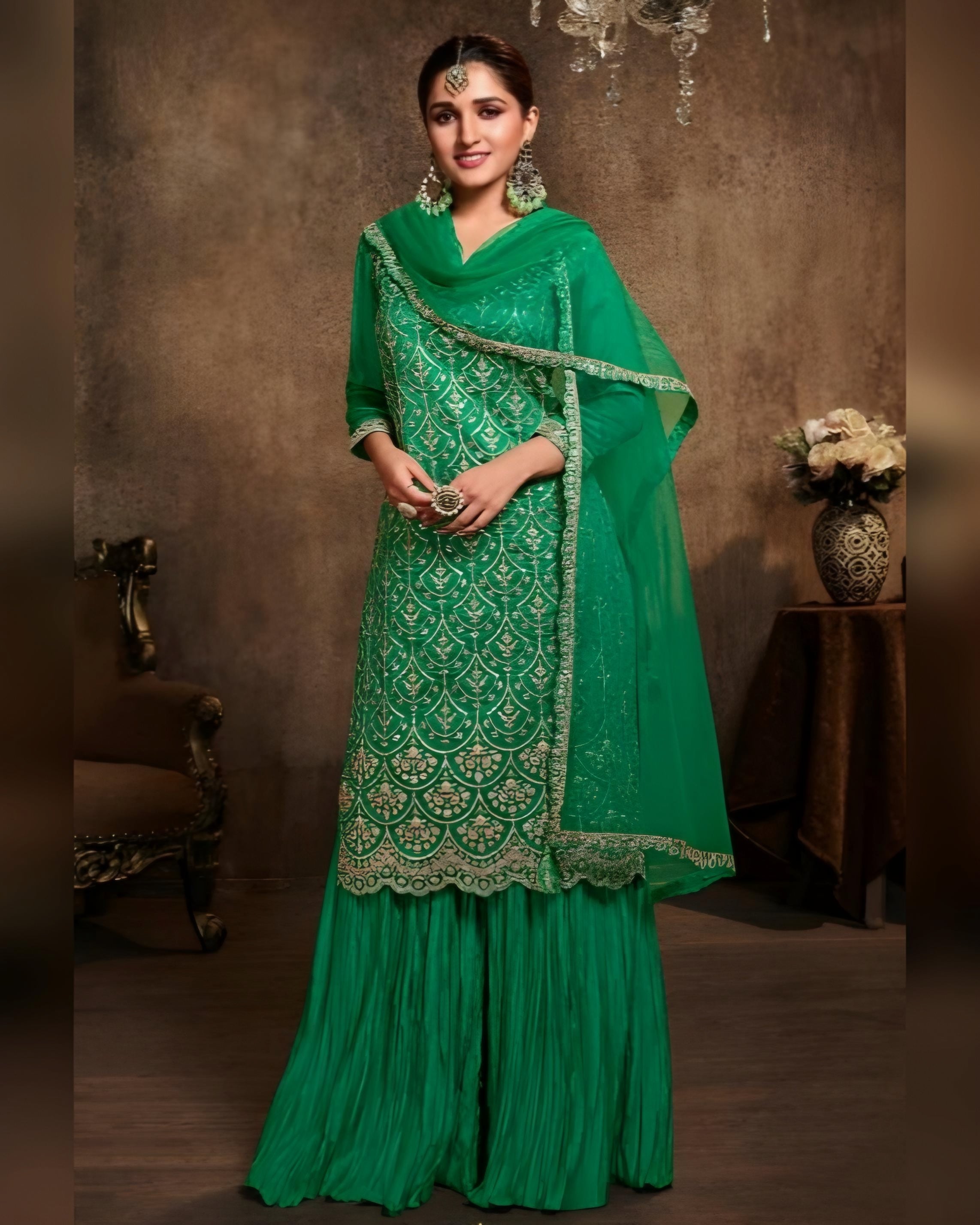 Chinon Silk Sequince Embroidered Salwar Suits Green