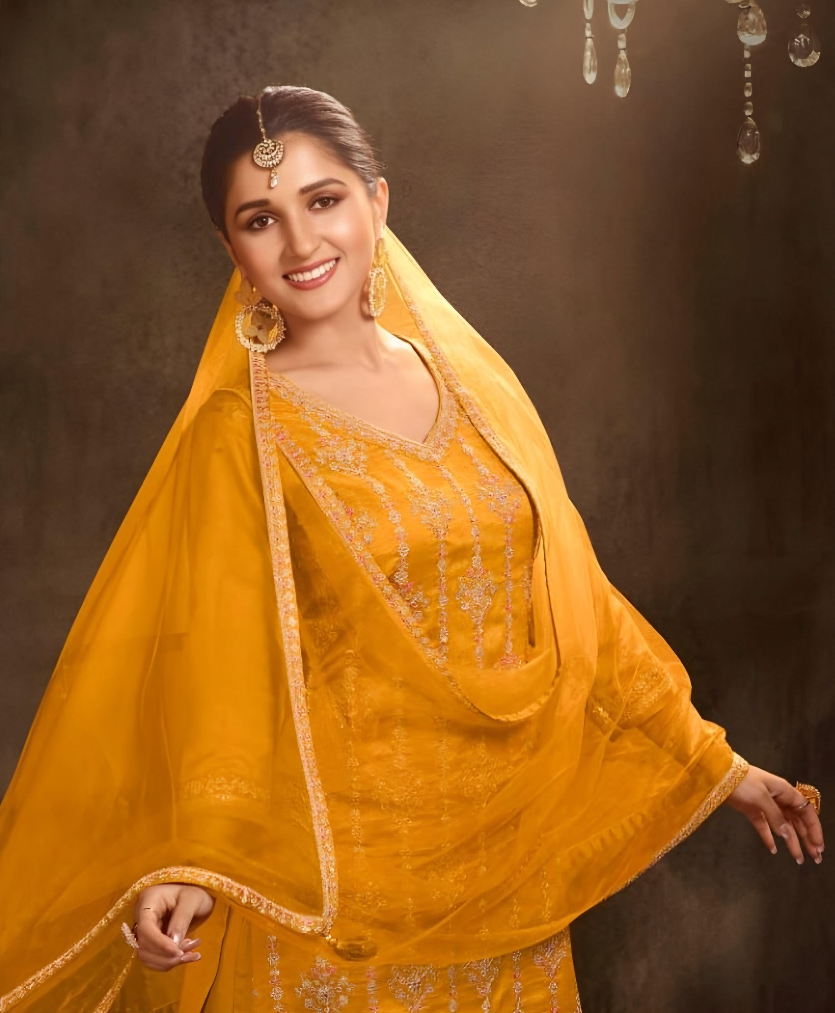 Chinon Silk Sequince Embroidered Salwar Suits Yellow