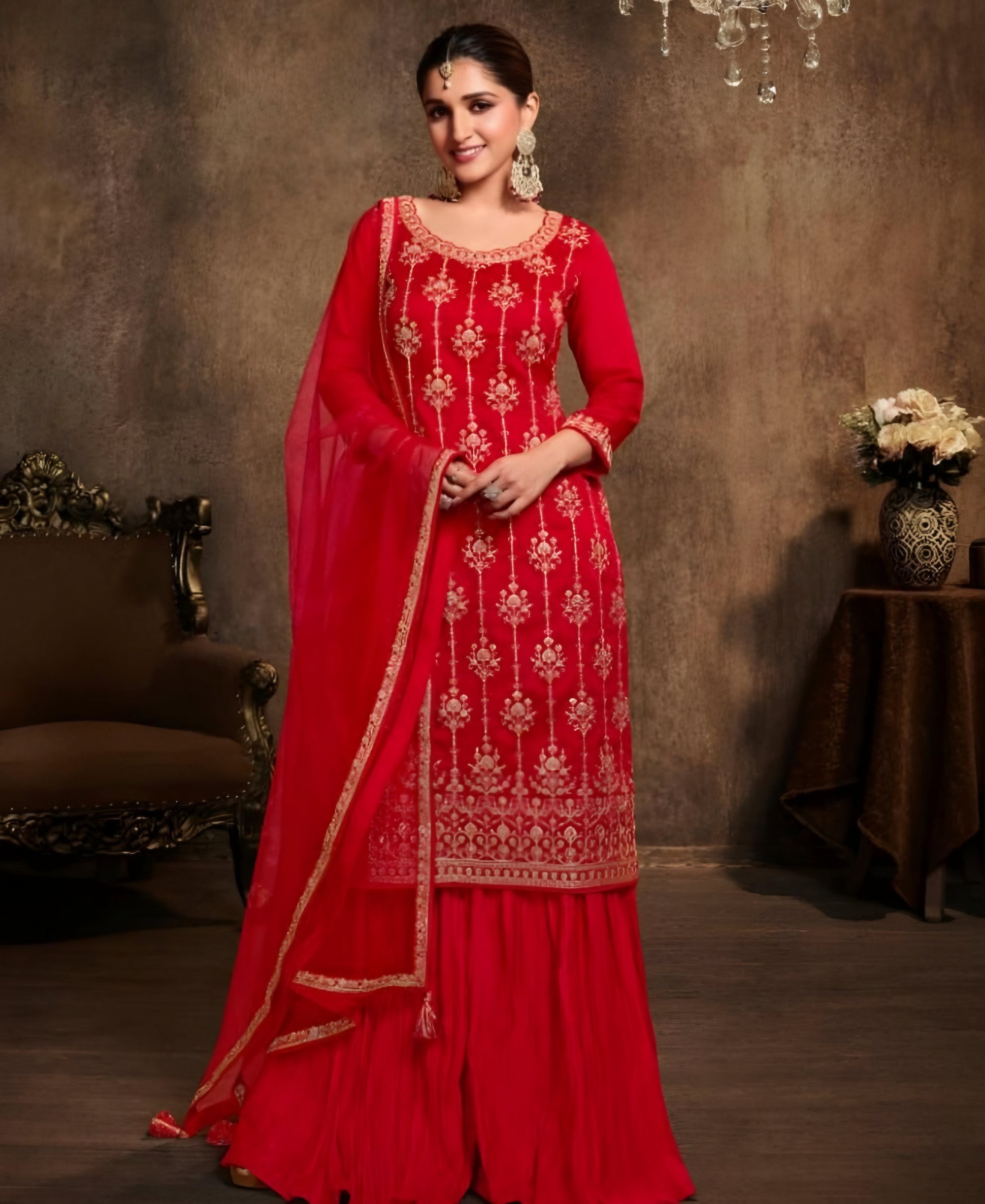 Chinon Silk Sequince Embroidered Salwar Suits Red