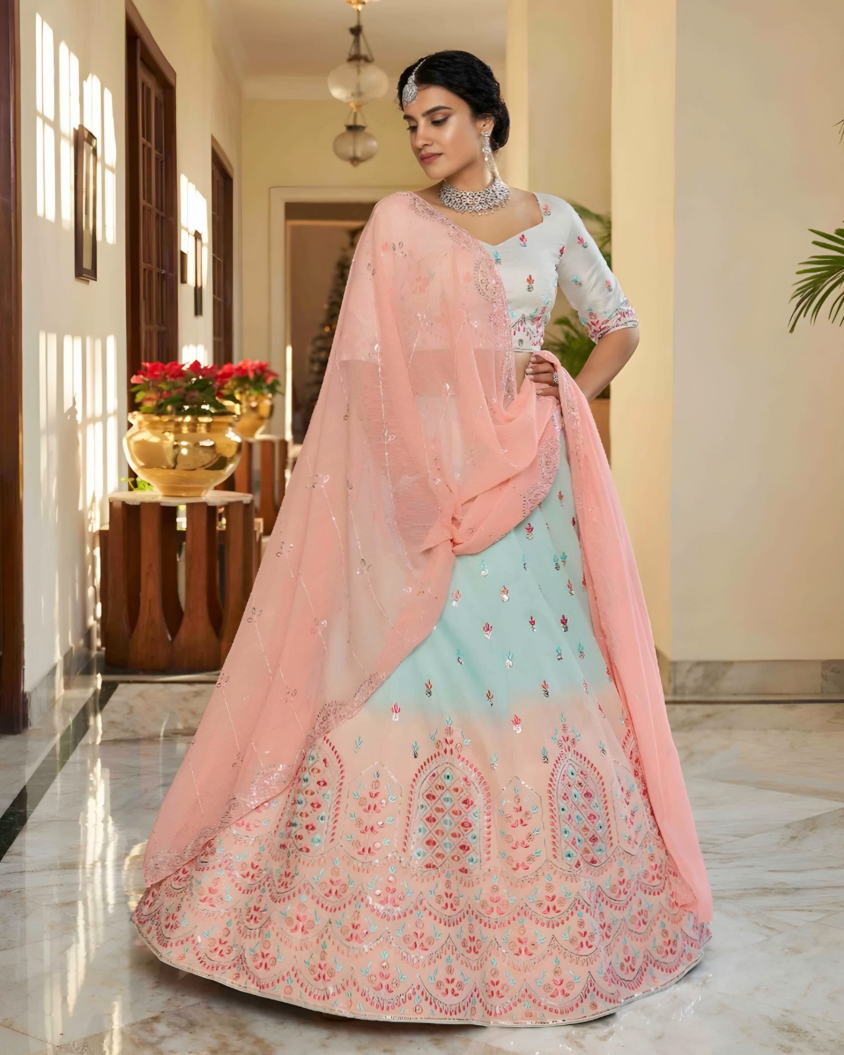 Artsilk Sequince Embroidered Sky Peach  Designer Lehenga Choli