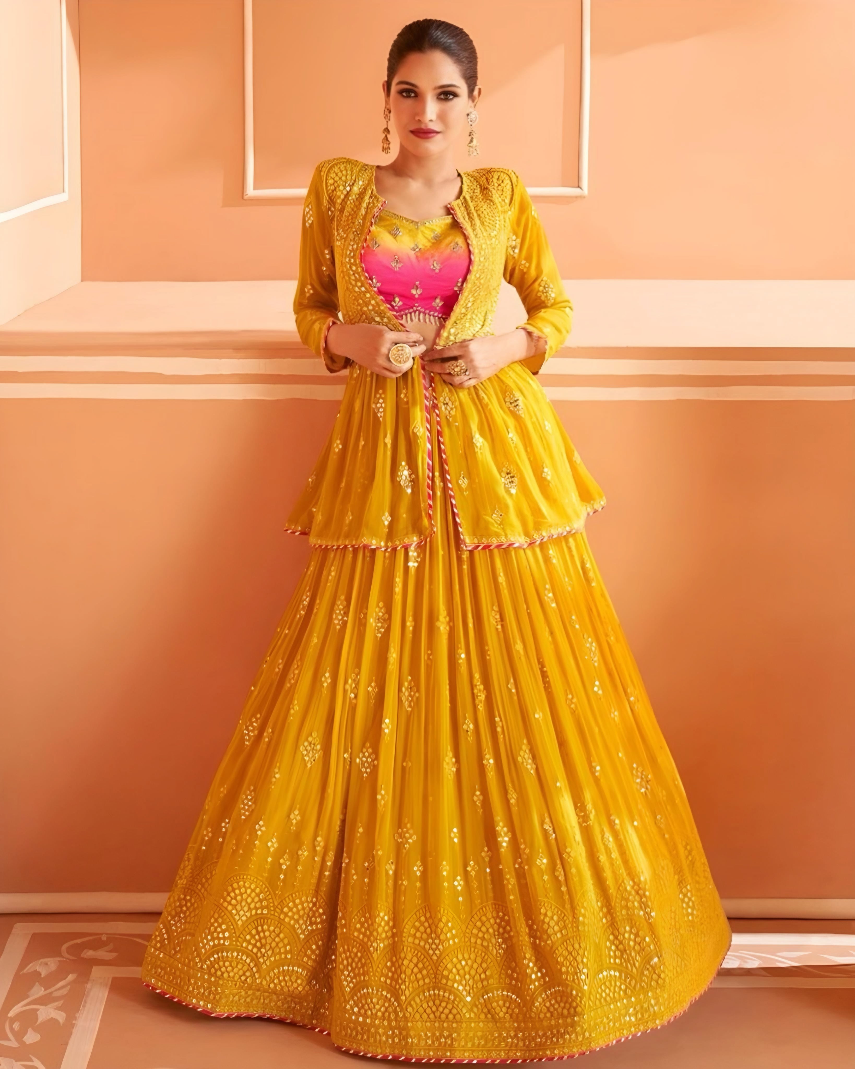 Real Georgette Wedding wear Designer Embroidered Indo Western Lehenga Yellow