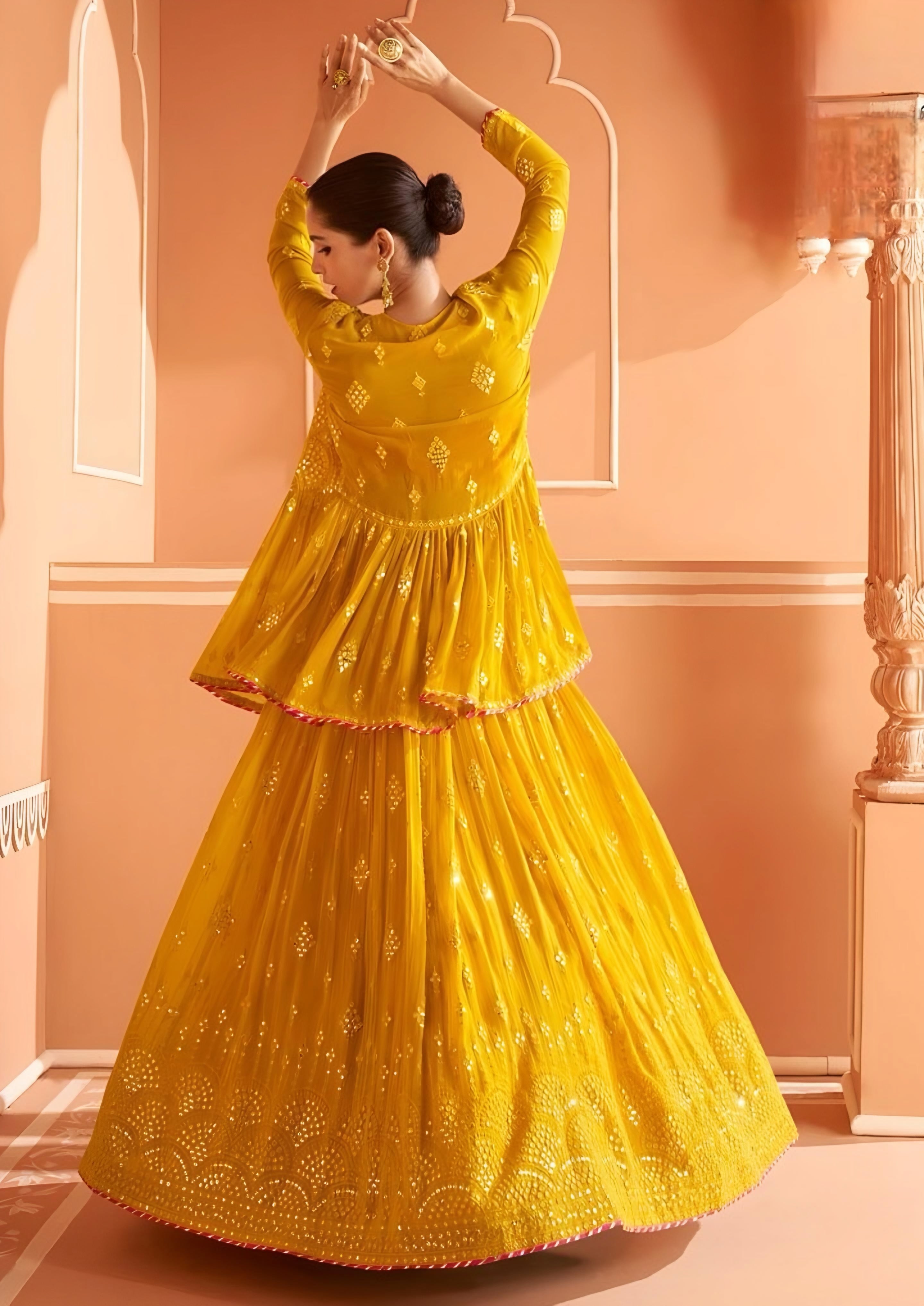 Real Georgette Wedding wear Designer Embroidered Indo Western Lehenga Yellow