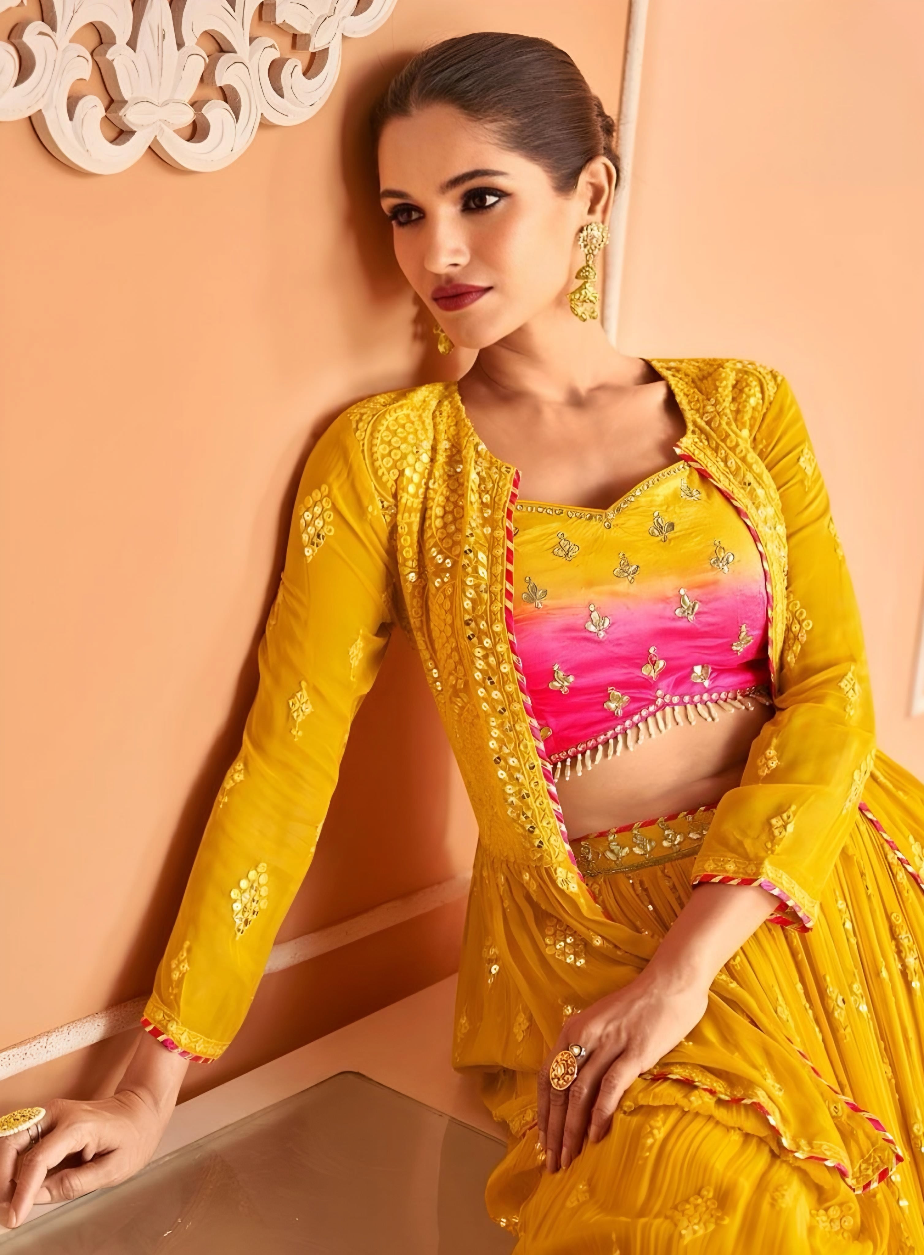 Real Georgette Wedding wear Designer Embroidered Indo Western Lehenga Yellow