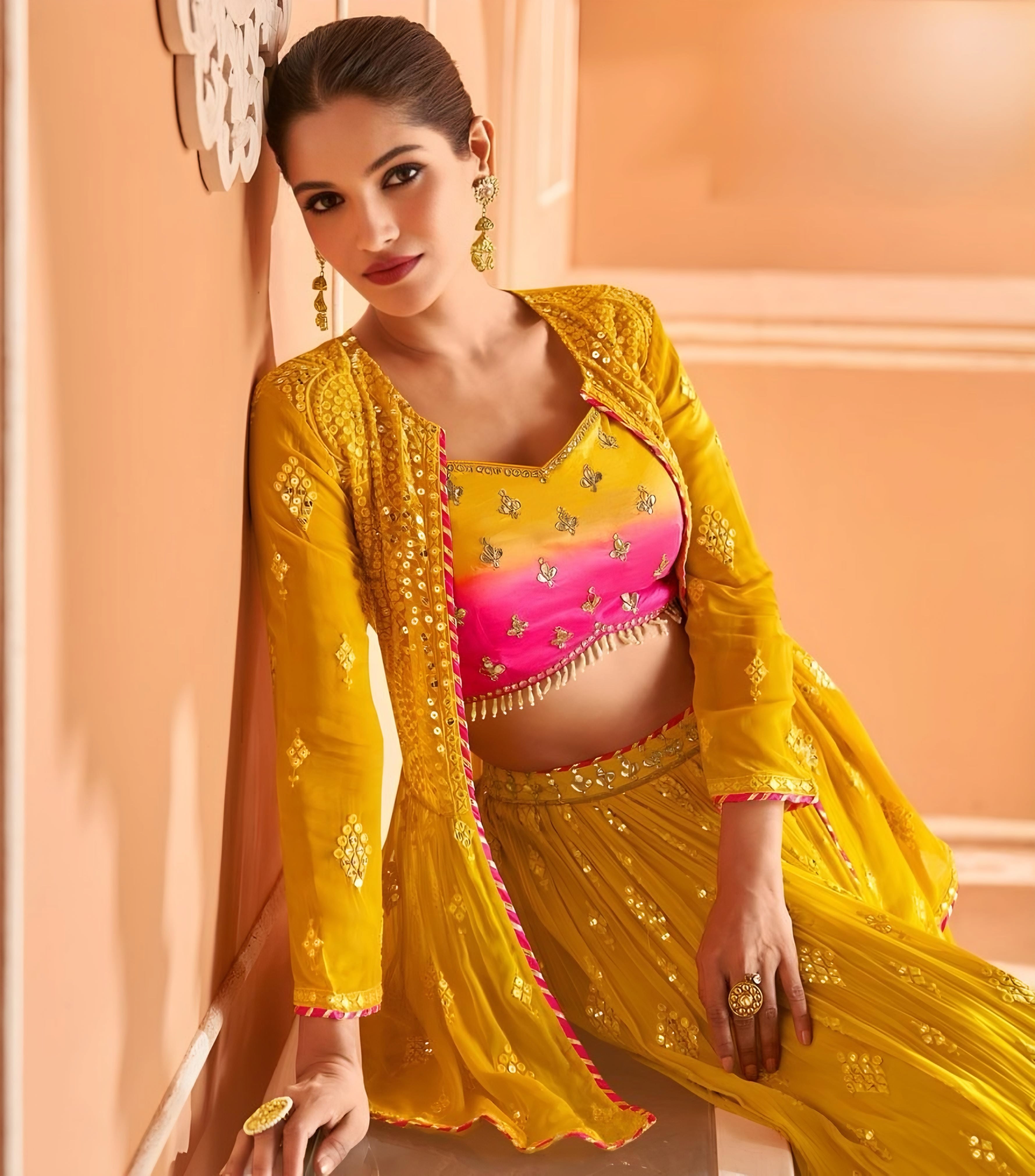 Real Georgette Wedding wear Designer Embroidered Indo Western Lehenga Yellow