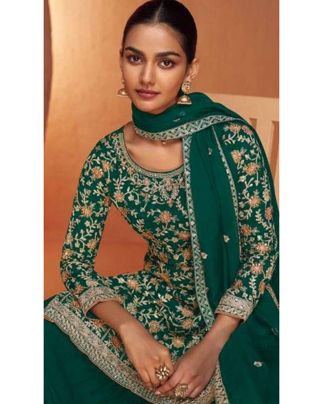 Heavy Embroidered Top Palazzo Suits Green