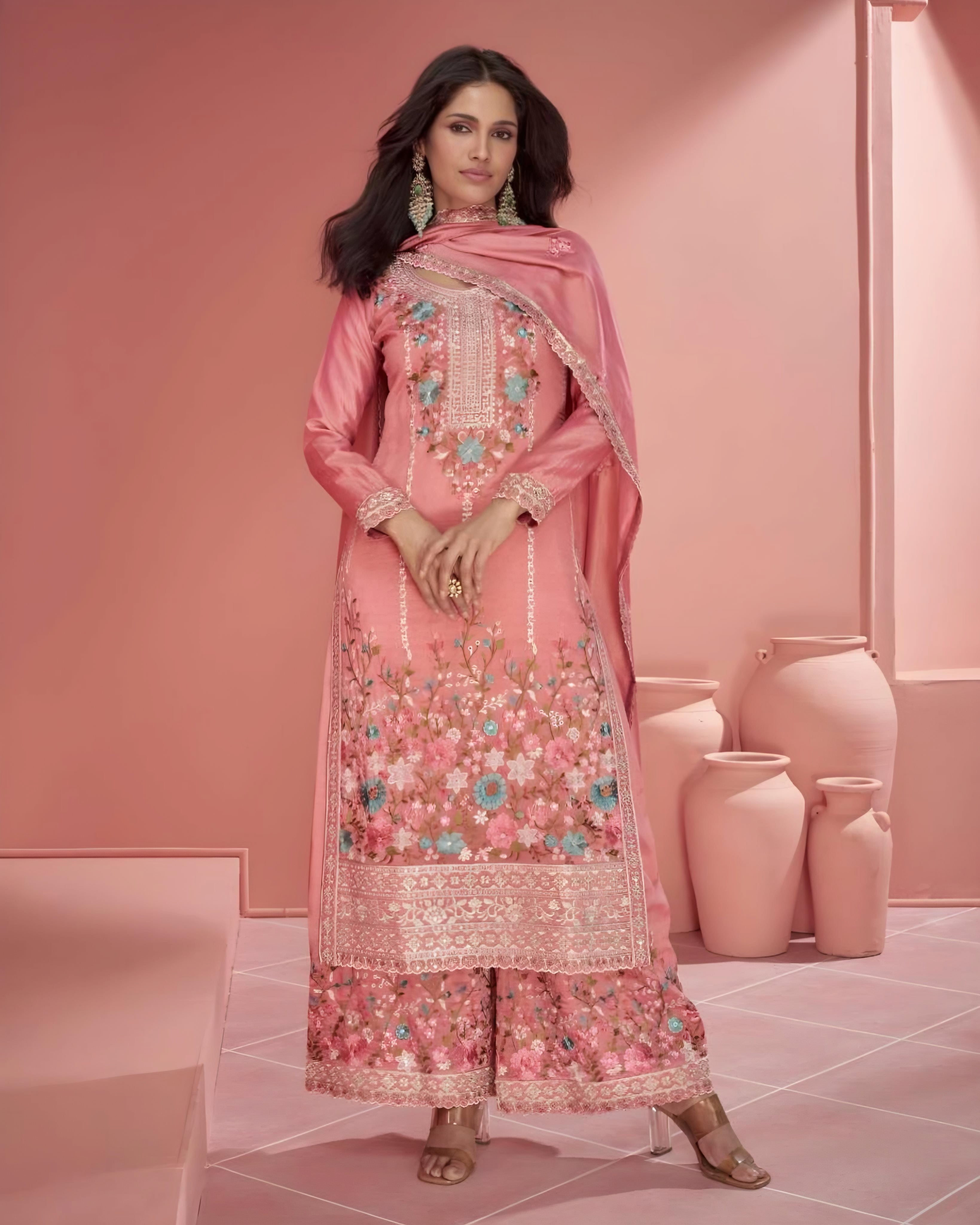 Coral Pink  Organza Simar Silk Salwar Suits