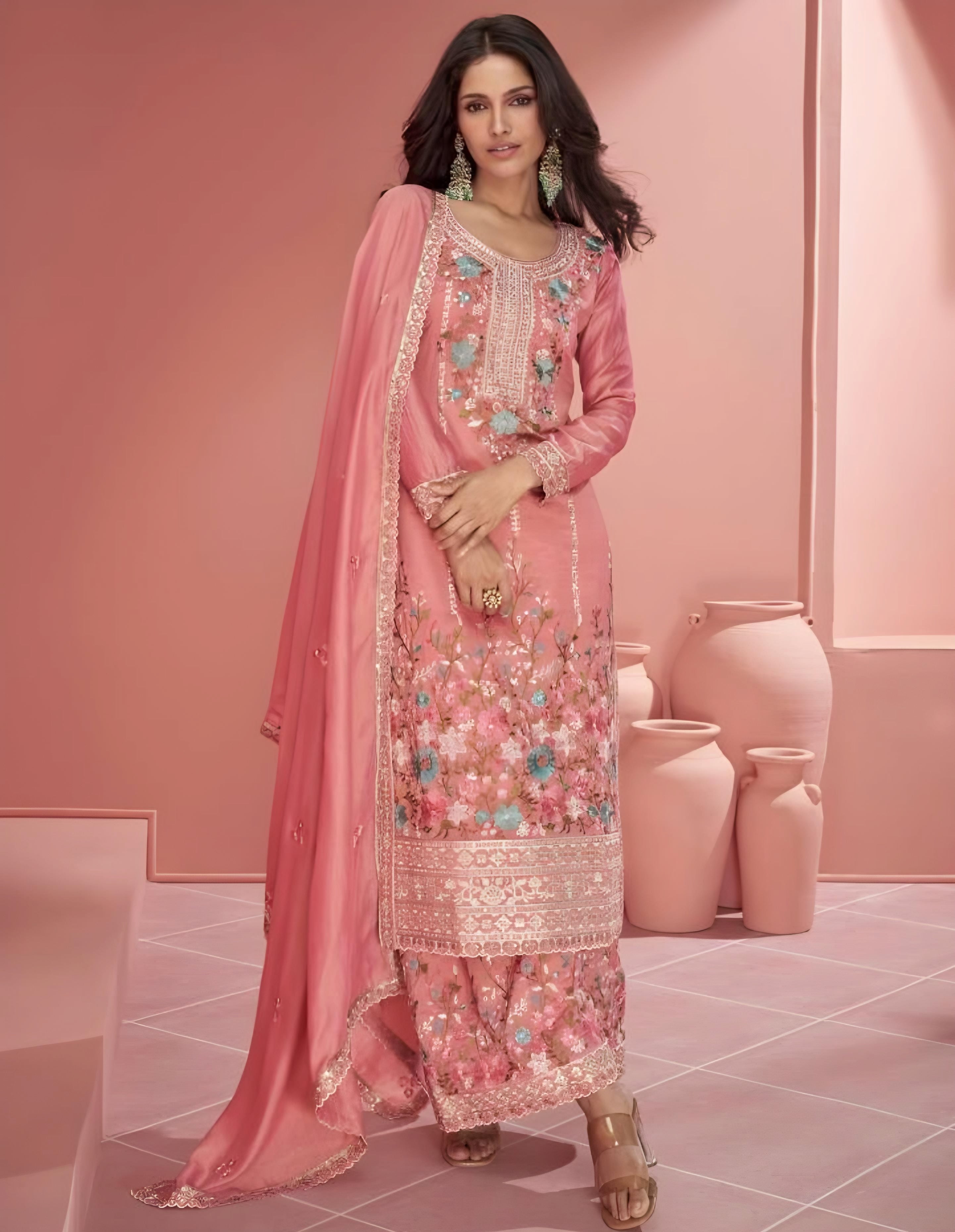 Coral Pink  Organza Simar Silk Salwar Suits