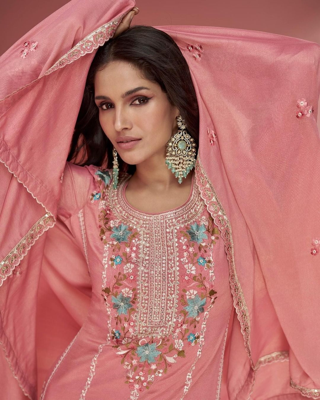 Coral Pink  Organza Simar Silk Salwar Suits