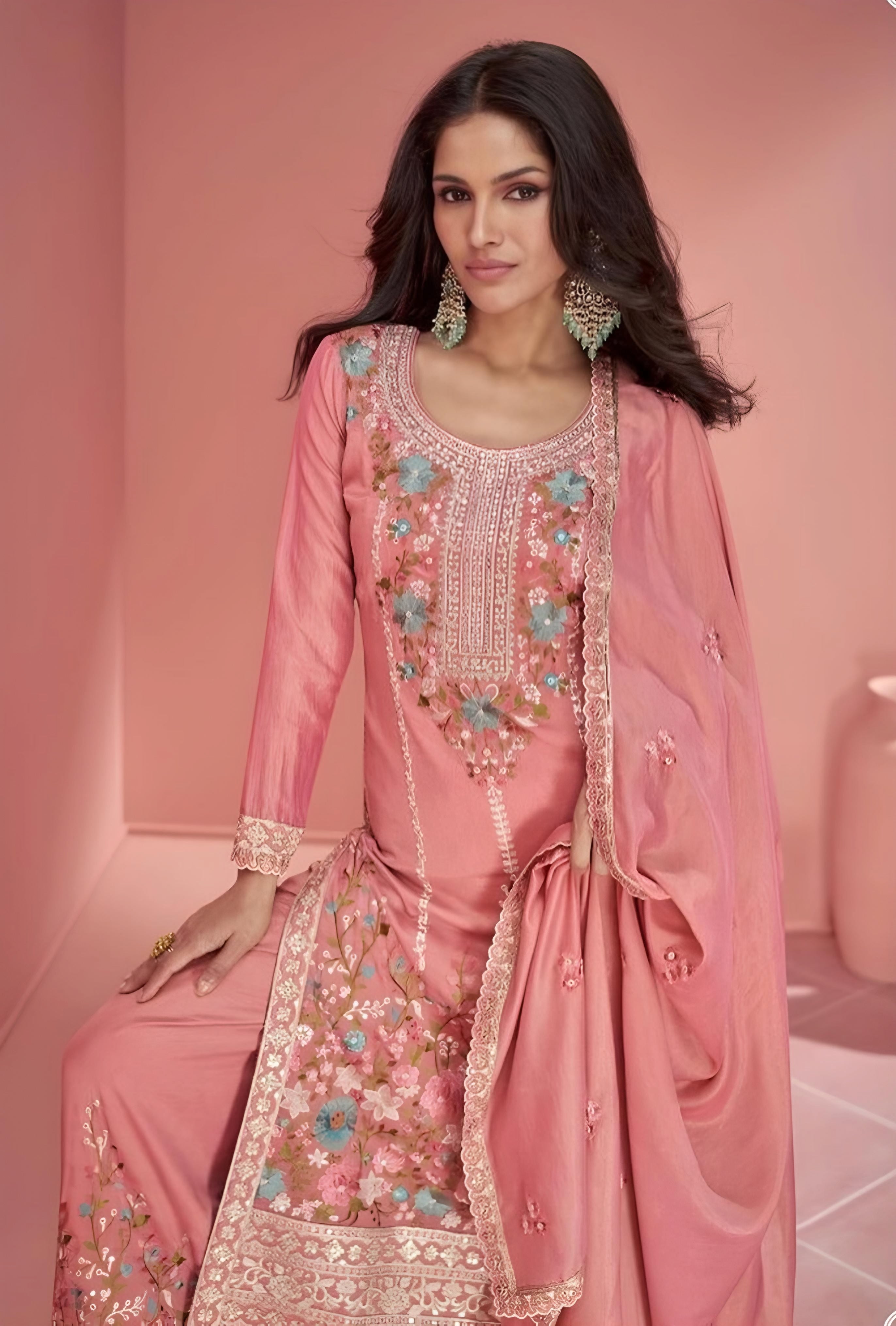 Coral Pink  Organza Simar Silk Salwar Suits