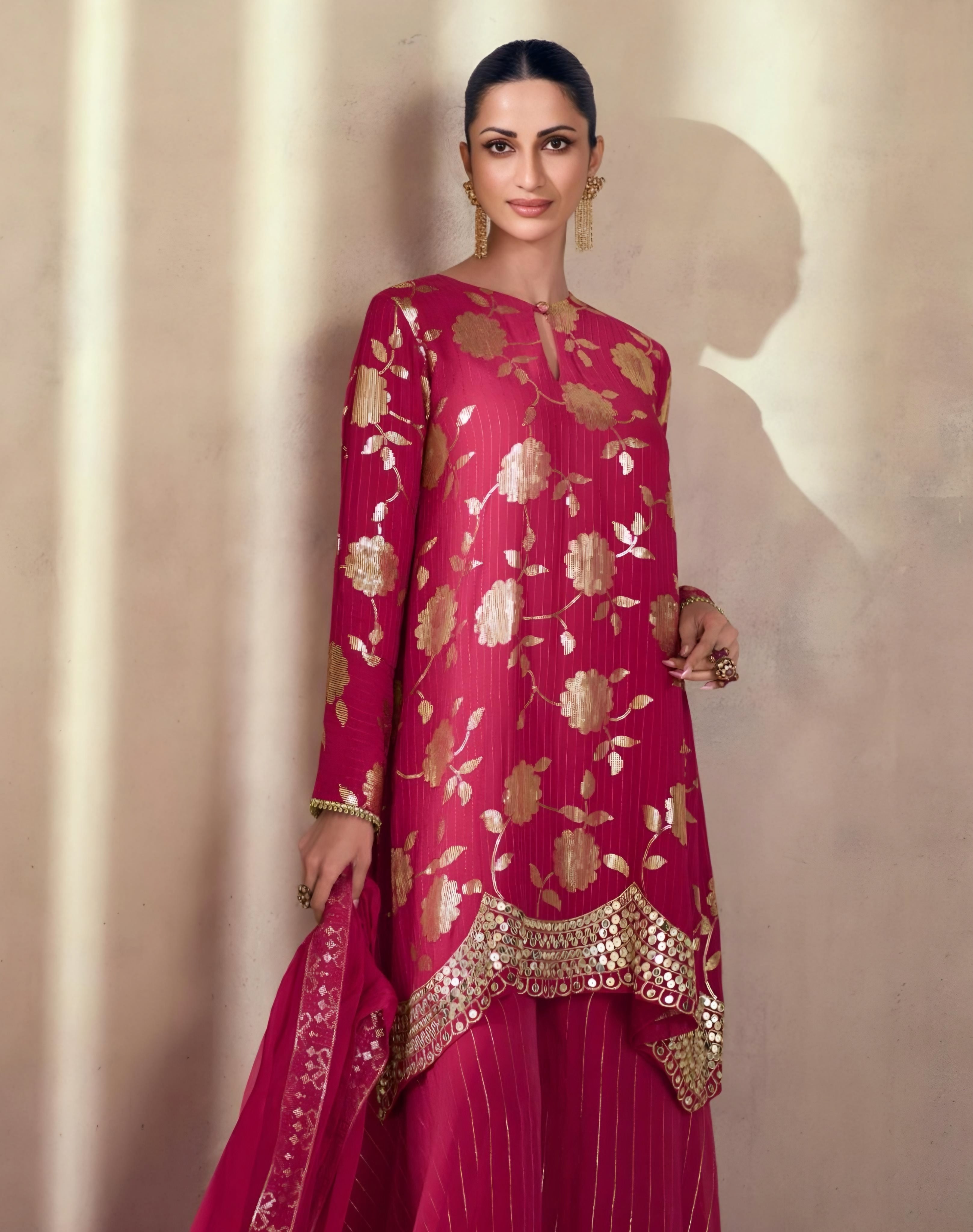 Jaquard Silk  Embroidered Palazzo Suits Maroon