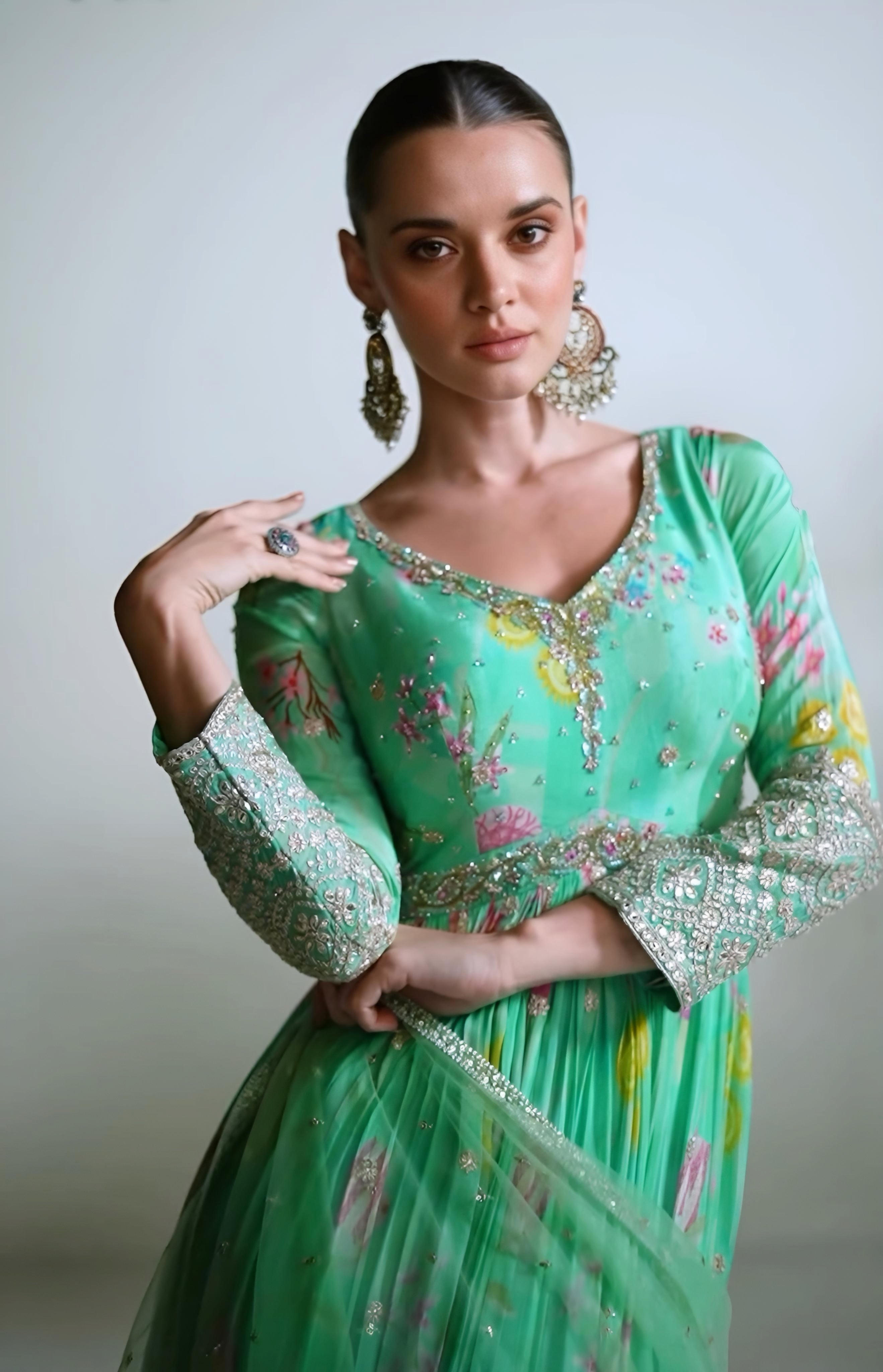 Natural Crepe Digital Floral Printed Anarkali Gown Green