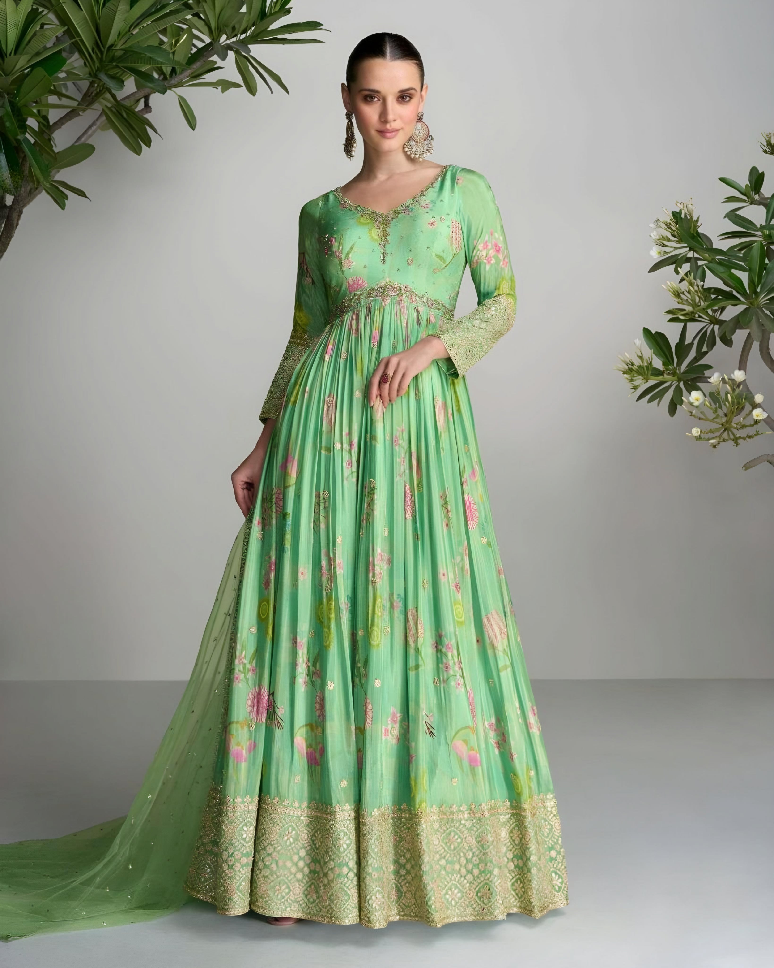 Natural Crepe Digital Floral Printed Anarkali Gown Green