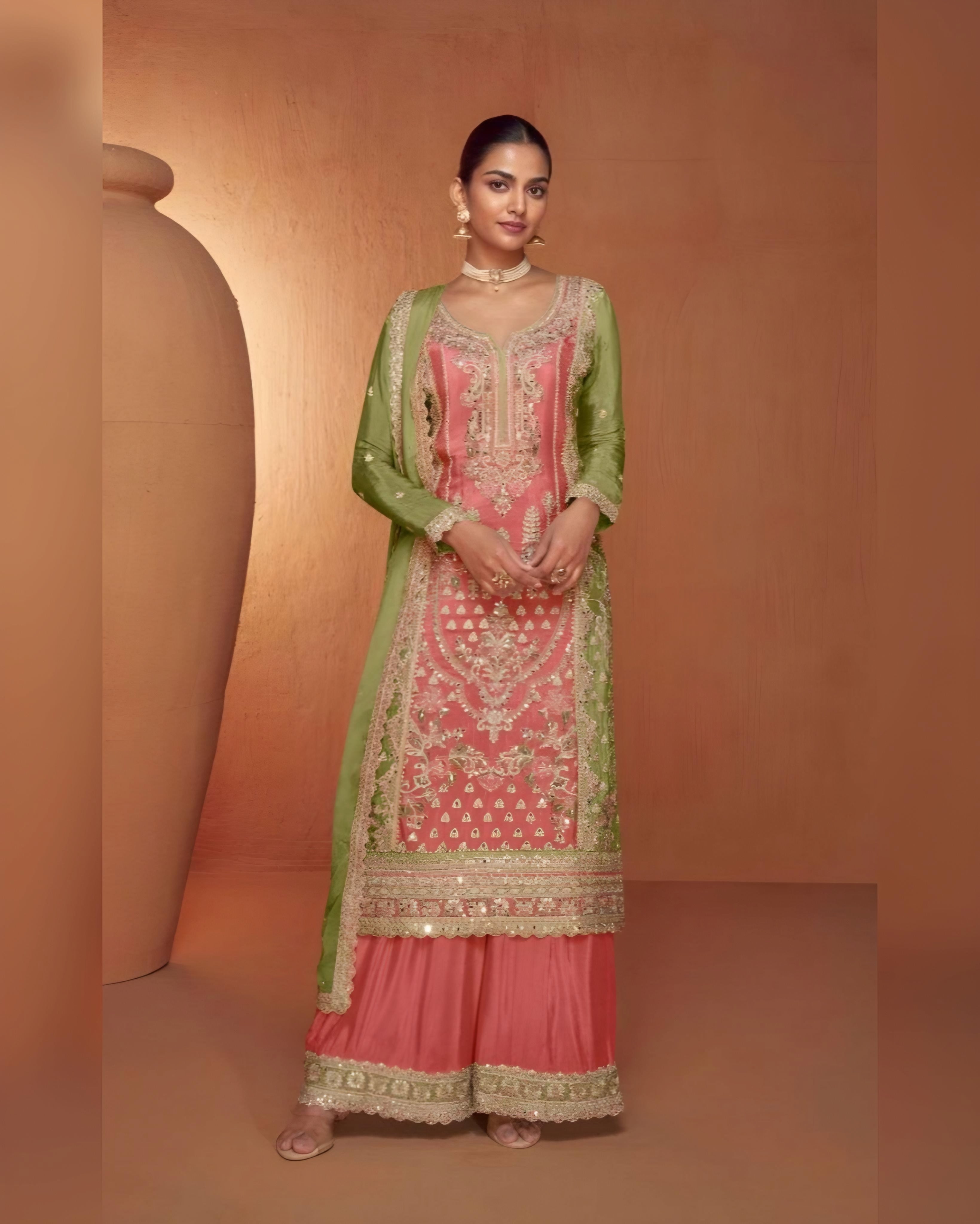 Peach and Olive Green Embroidered Real Chinon Palazzo Salwar Suits