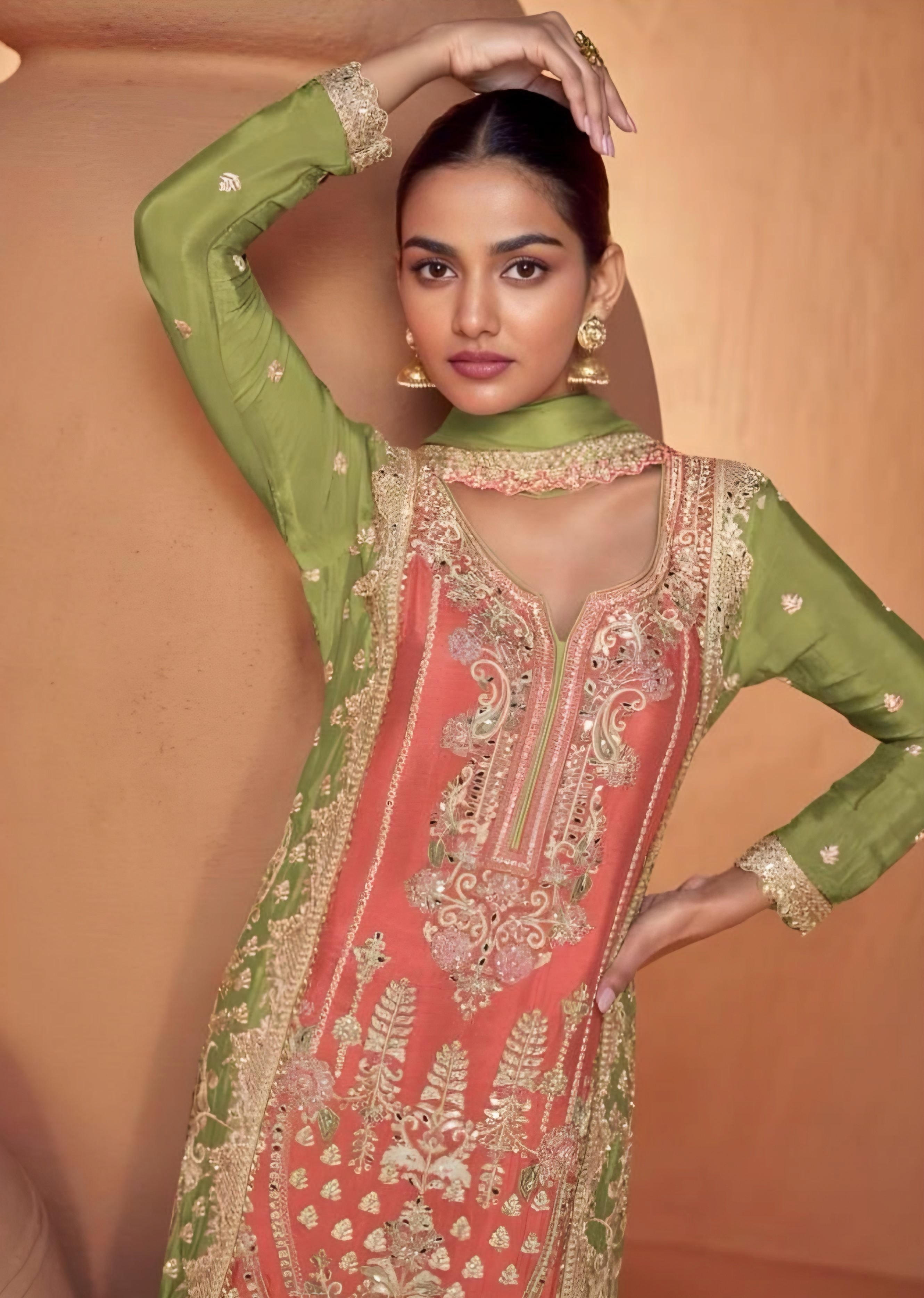 Peach and Olive Green Embroidered Real Chinon Palazzo Salwar Suits