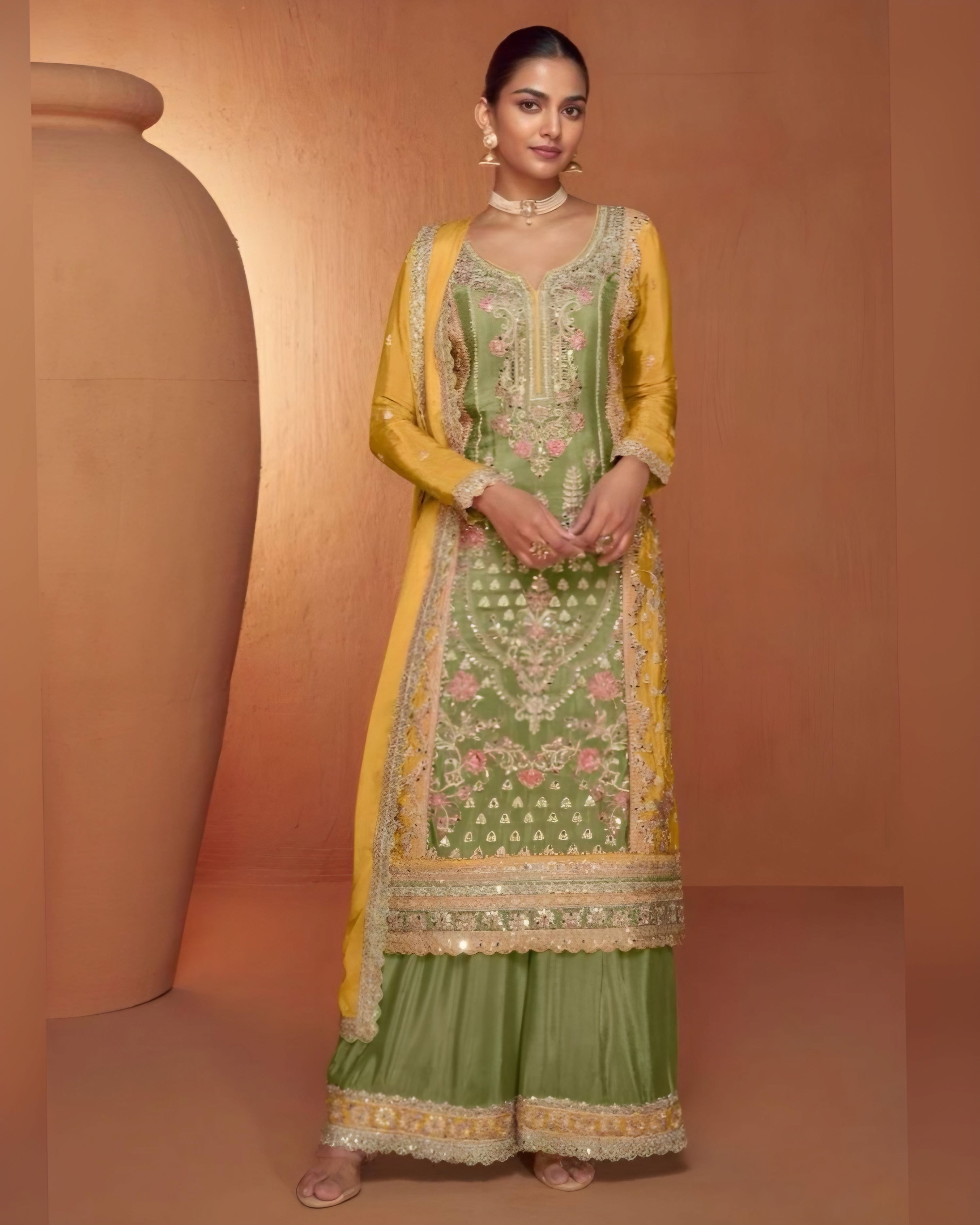 Yellow and Olive Green Embroidered Real Chinon Palazzo Salwar Suits