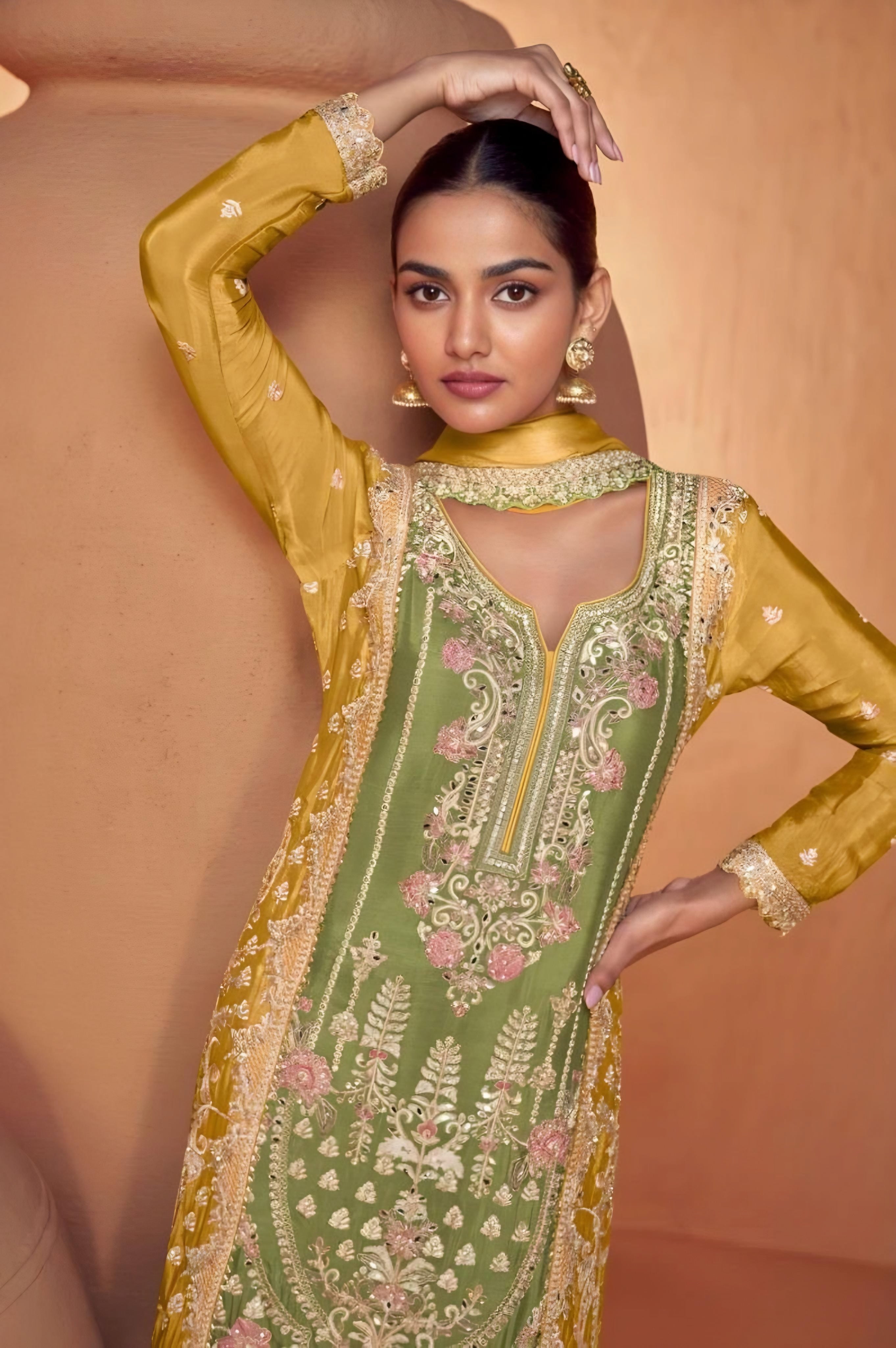 Yellow and Olive Green Embroidered Real Chinon Palazzo Salwar Suits