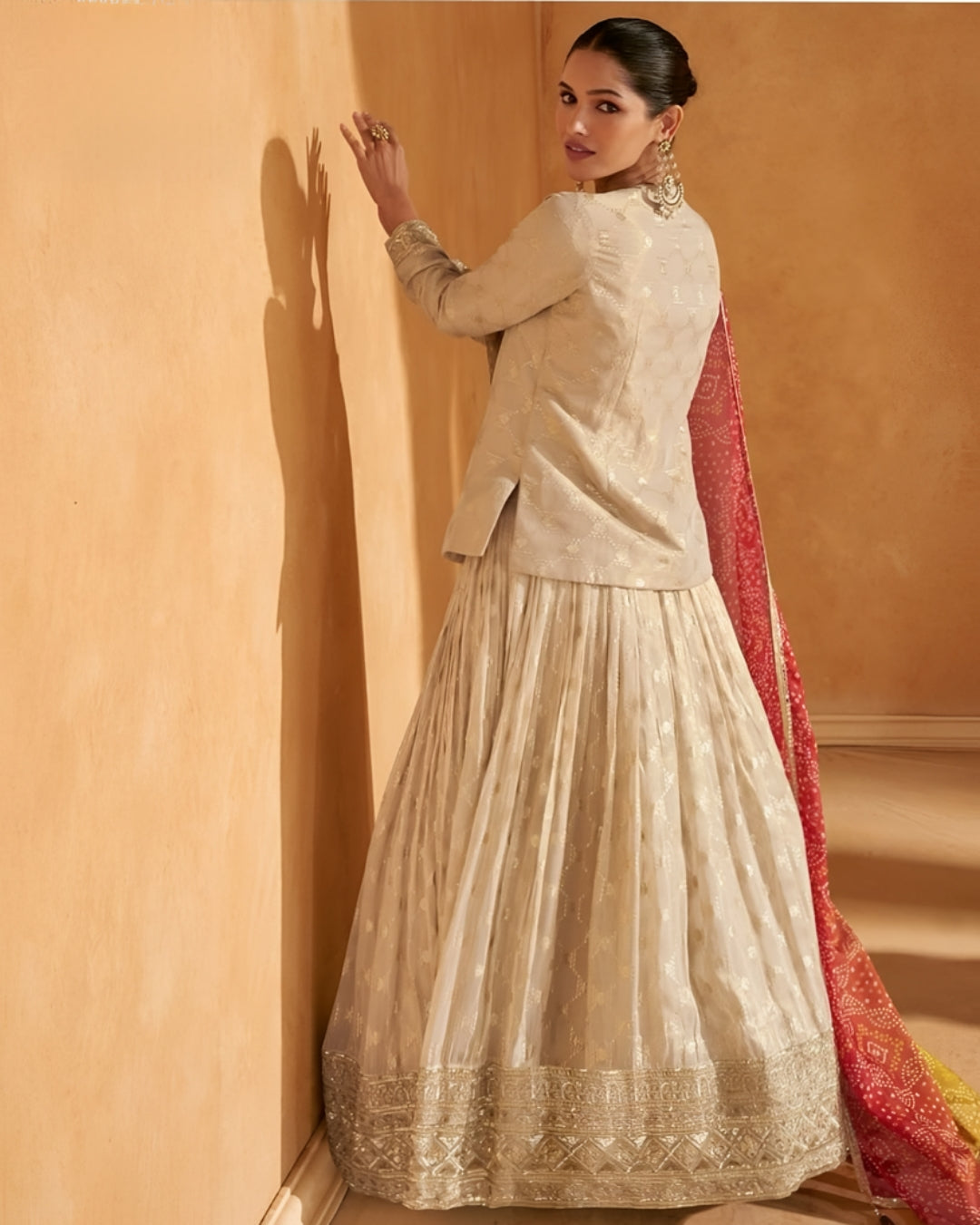 Embroidered Viscose Jaquard Silk Lehenga Indowestern