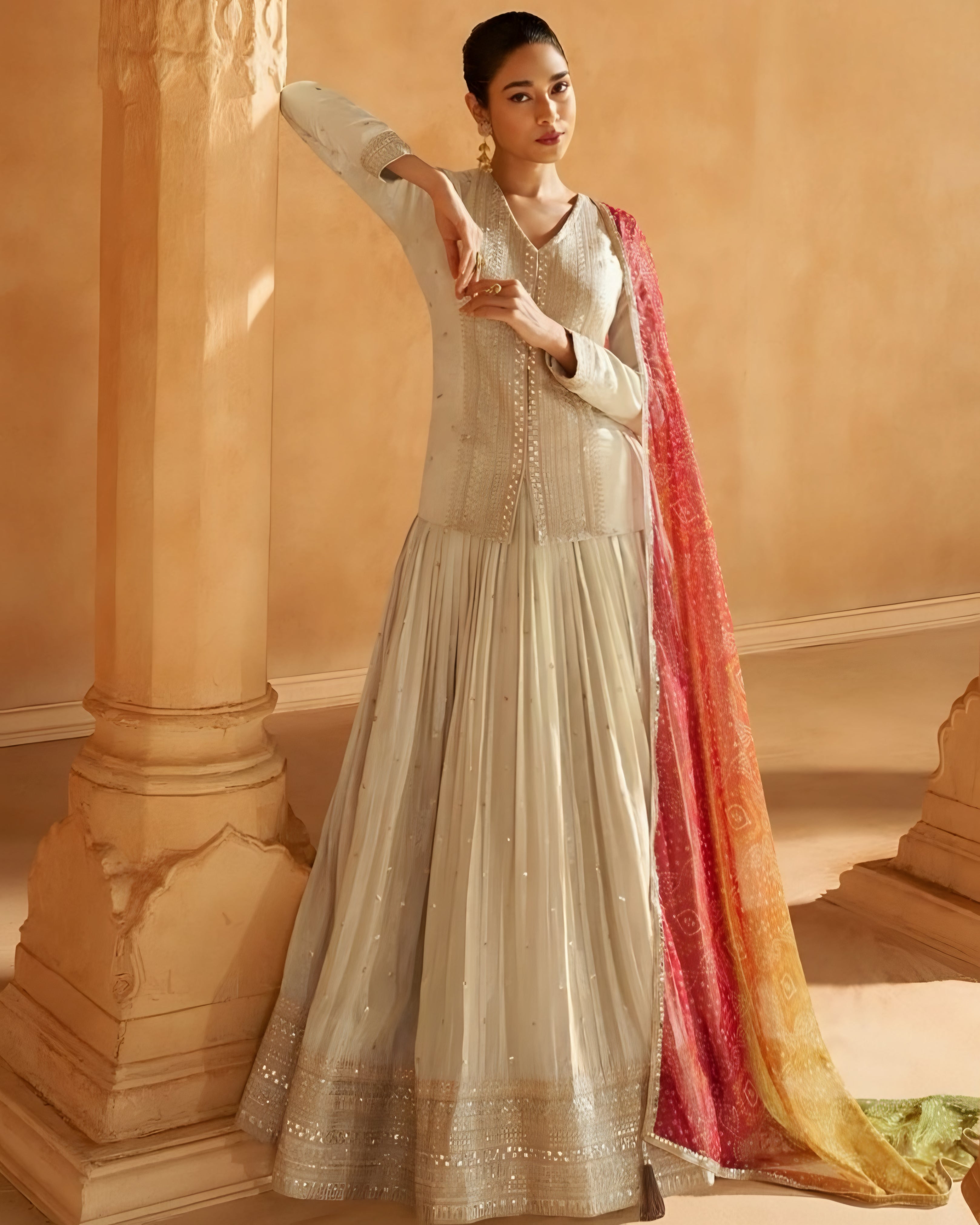 Embroidered Viscose Jaquard Silk Lehenga Indowestern