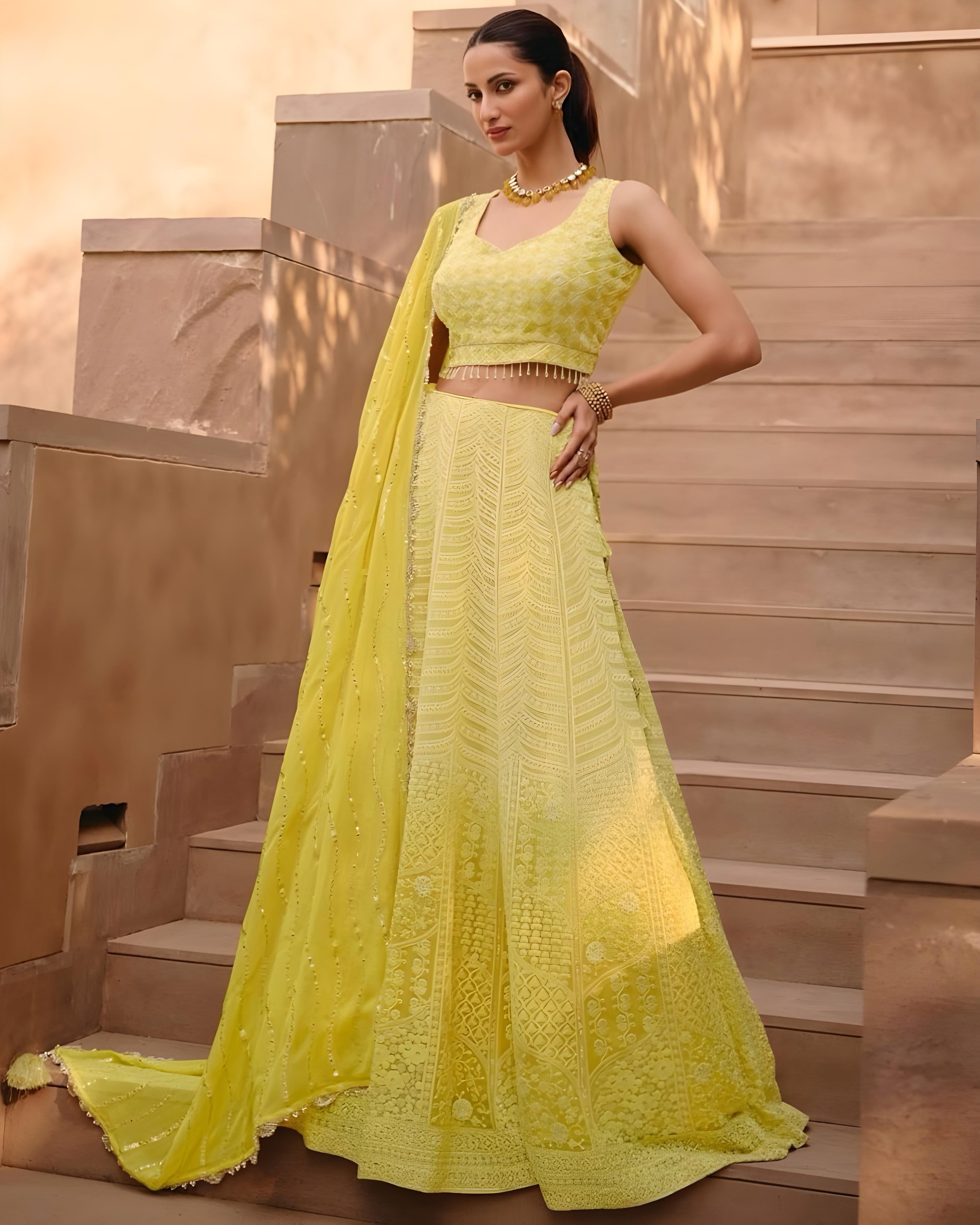 Radiant Yellow Embroidered Real Georgette Lehenga Choli