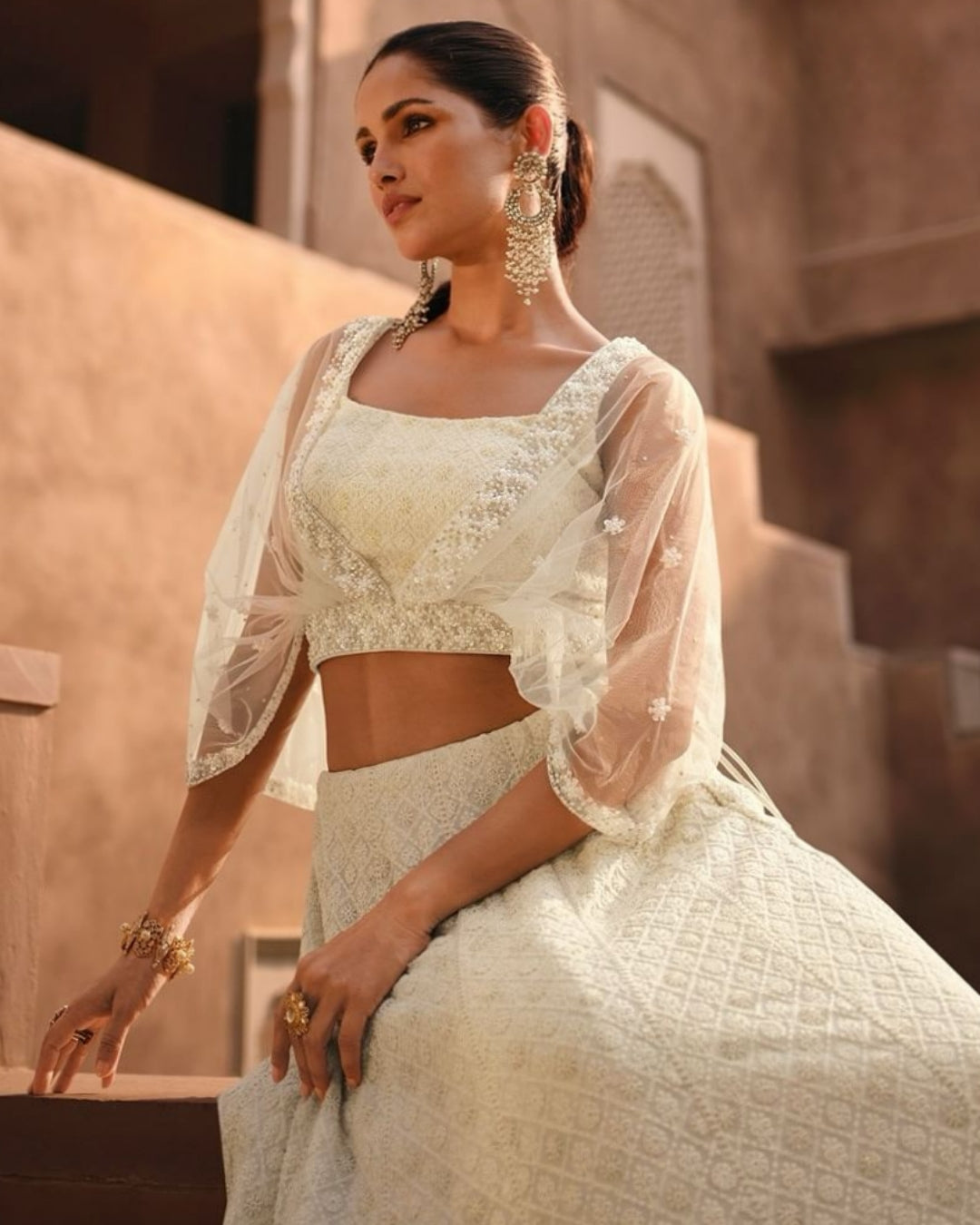 Elegant Cream Embroidered Indo Western Lehenga Set