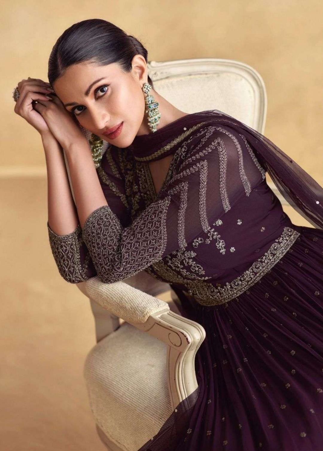 Deep Plum Embroidered Anarkali Gown Set