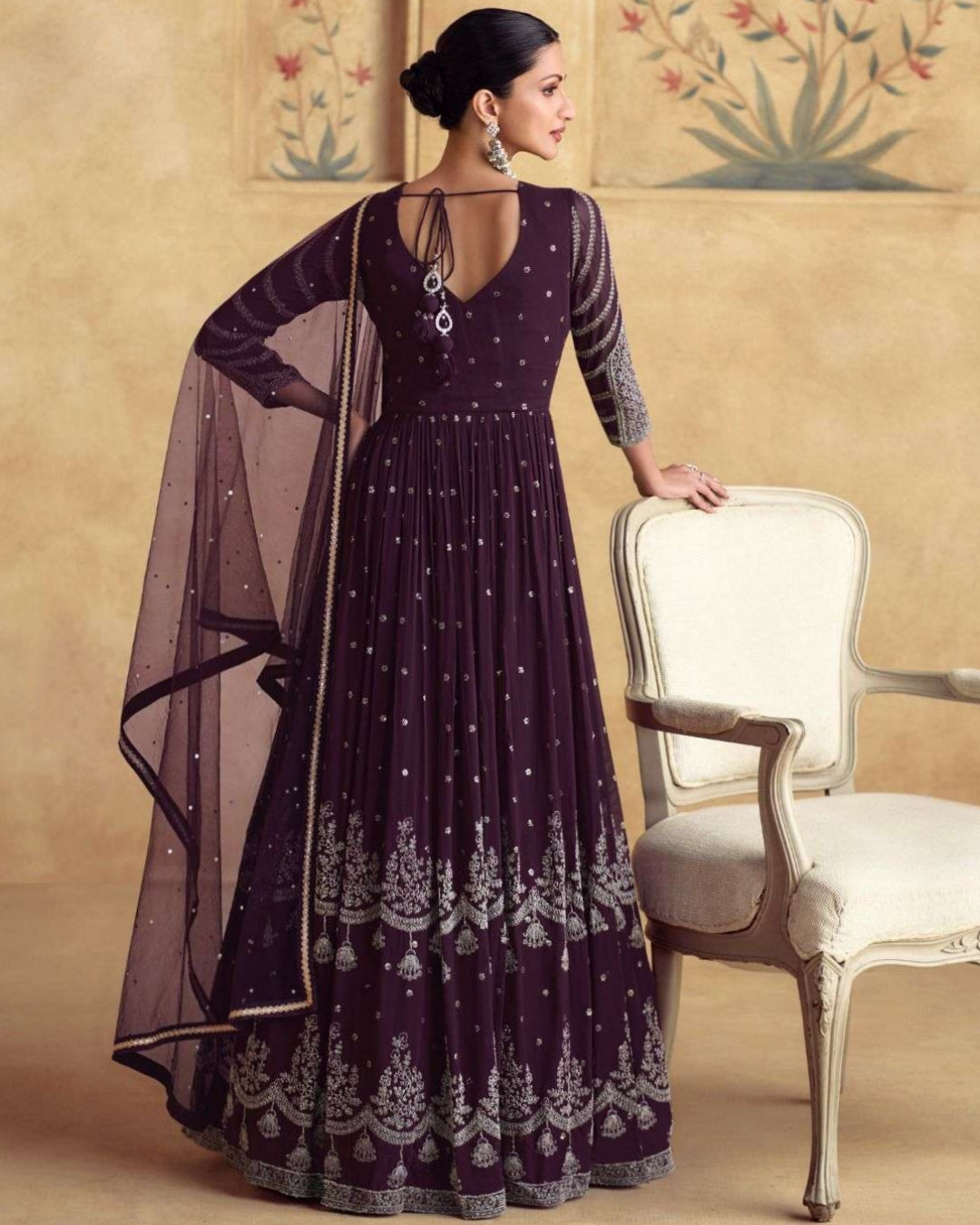 Deep Plum Embroidered Anarkali Gown Set