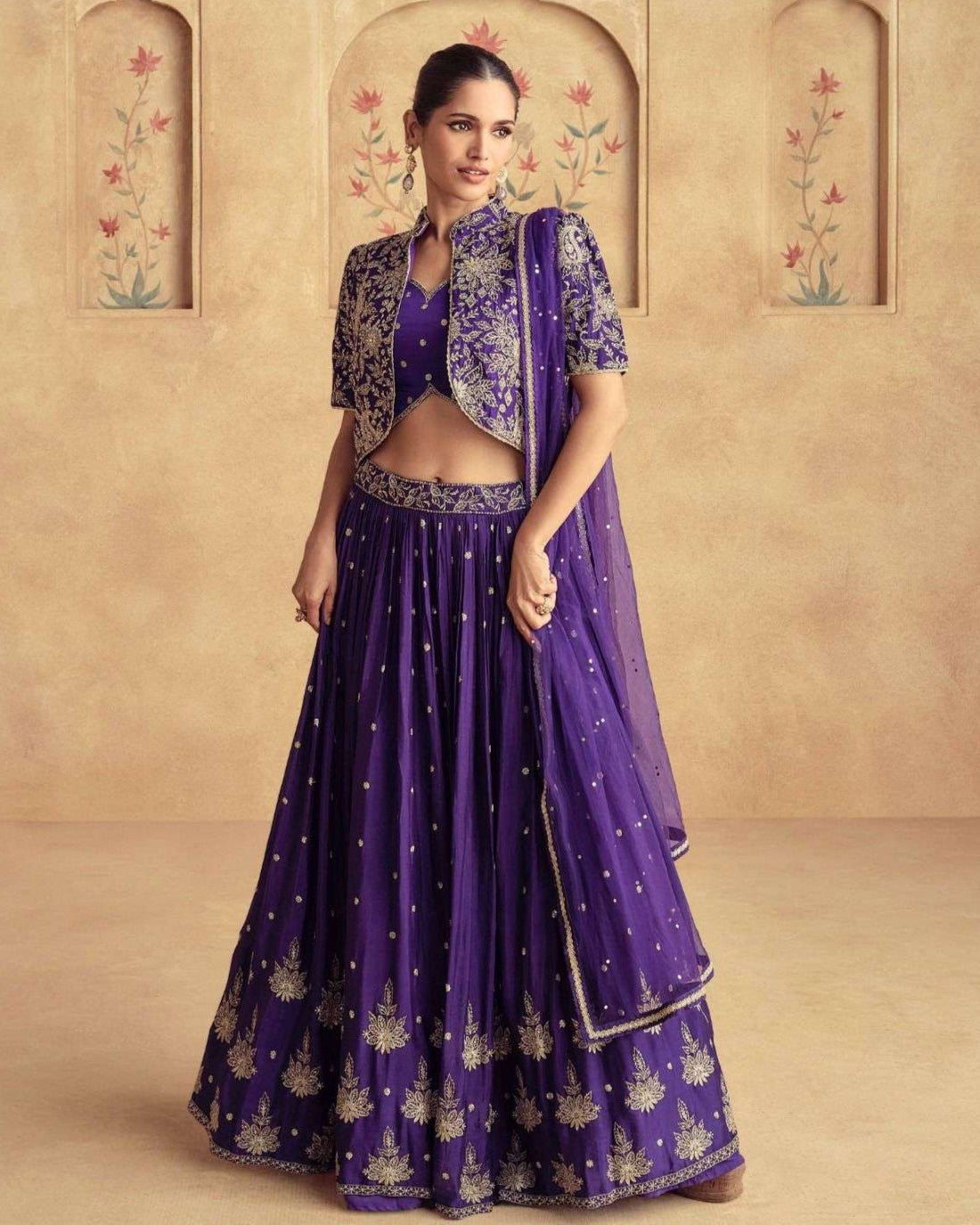 Royal Purple Embroidered Jacket Style Lehenga Set