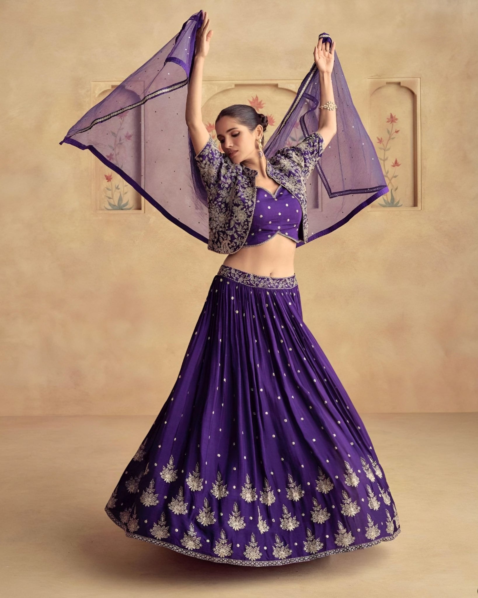 Royal Purple Embroidered Jacket Style Lehenga Set