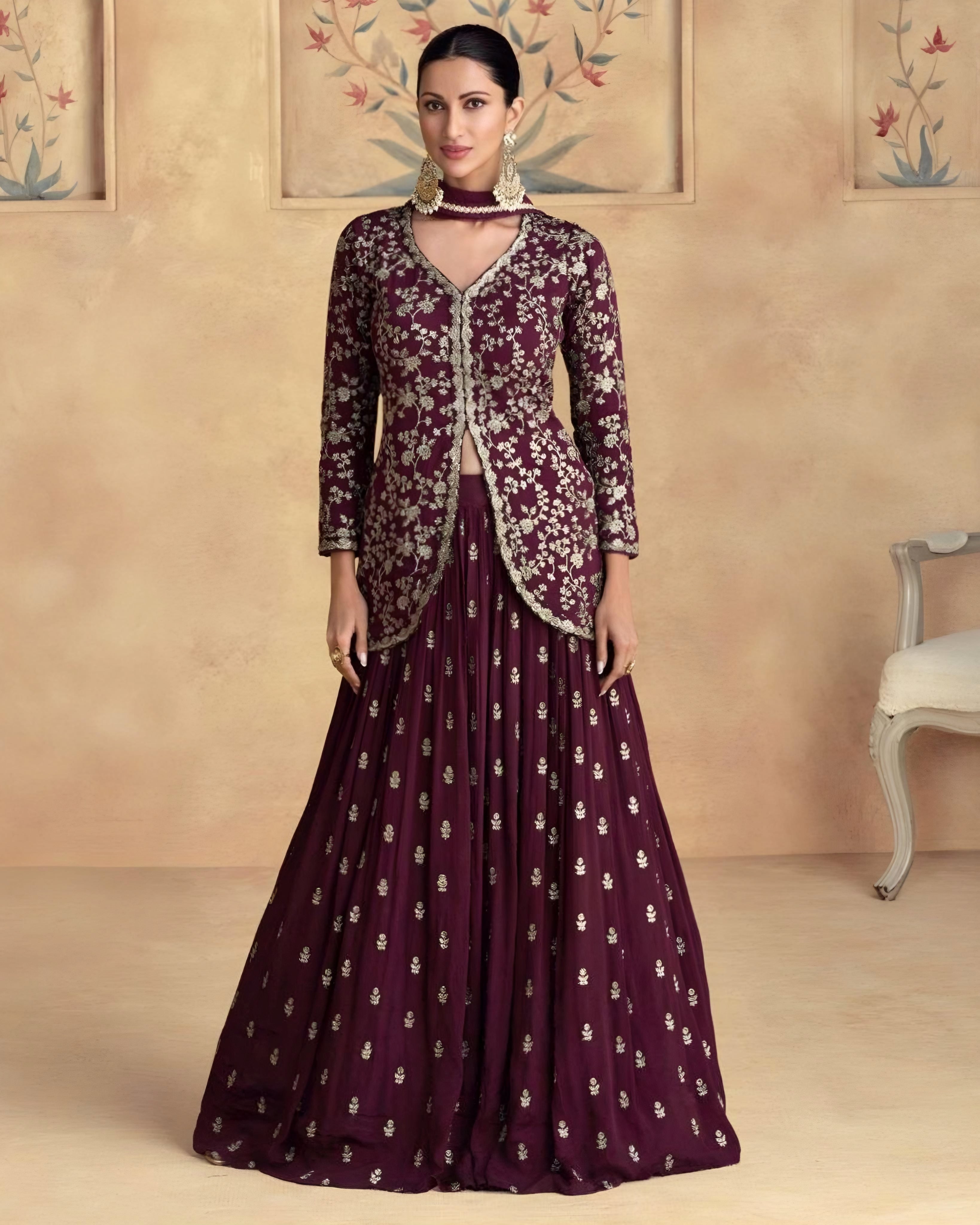 Maroon Embroidered Jacket Style Lehenga Set